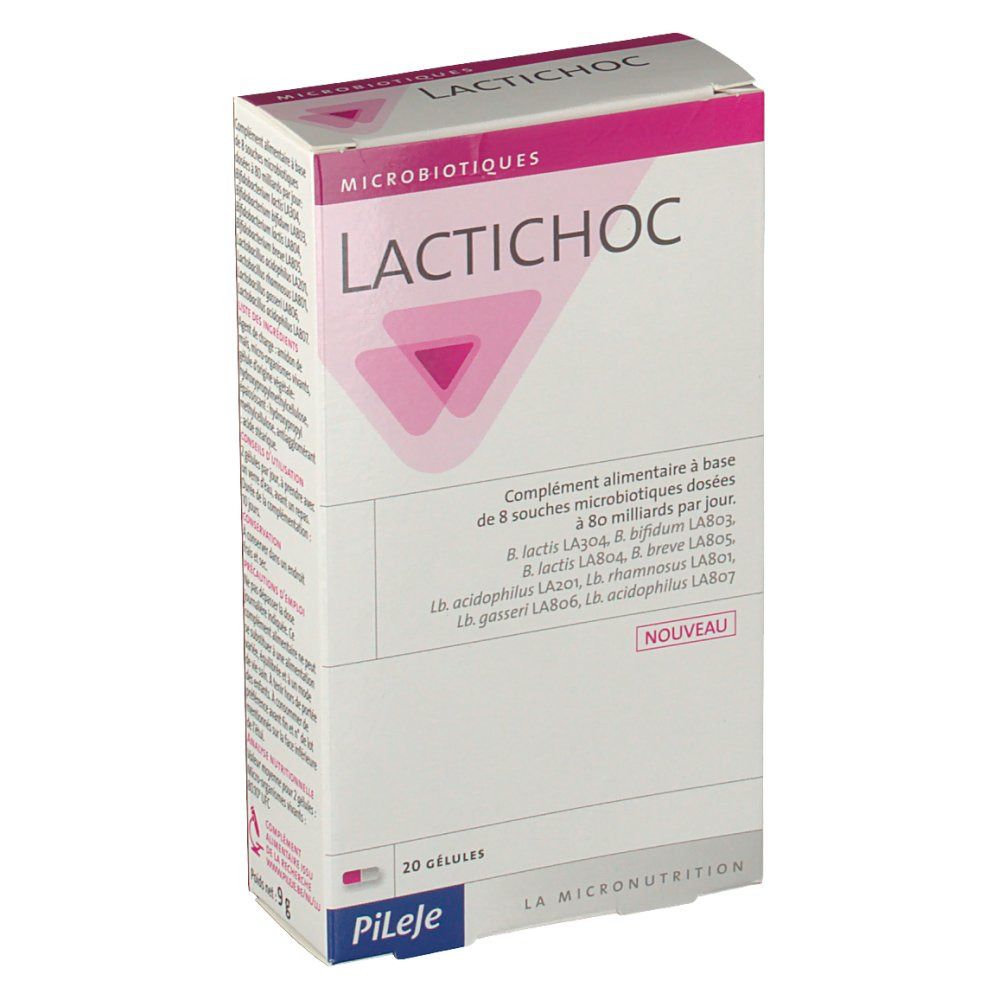 Boîte de gélules Lactichoc. Emballage rose et blanc avec nom et logo du produit. Contient 20 gélules.