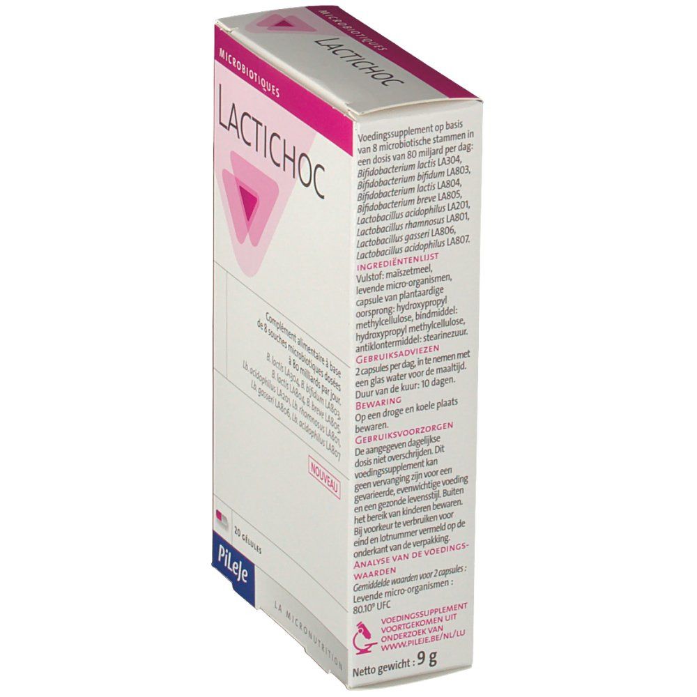 Boîte Lactichoc, vue latérale. Emballage rose et blanc avec texte et logo. Contient des informations sur les ingrédients et l'utilisation.
