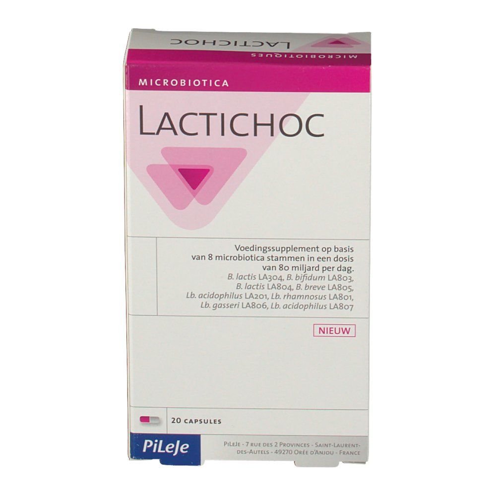 Boîte de gélules Lactichoc. Emballage rose et blanc avec nom et logo du produit. Contient 20 gélules.