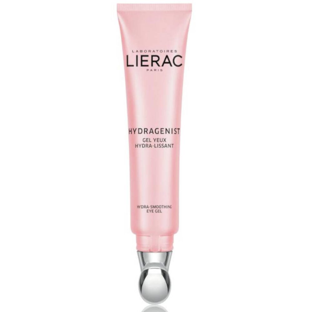 Roze tube met zilveren applicator. Opschrift: LIERAC, HYDRAGENIST, Gel Yeux Hydra-Lissant. Hydra-Smoothing Eye Gel.