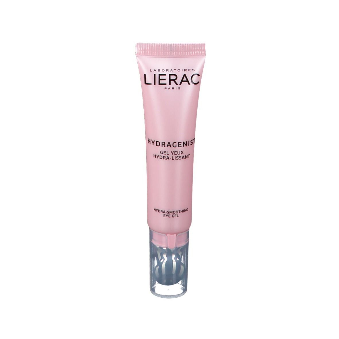 Roze tube met zilveren applicator. Opschrift: LIERAC, HYDRAGENIST, Gel Yeux Hydra-Lissant. Hydra-Smoothing Eye Gel.