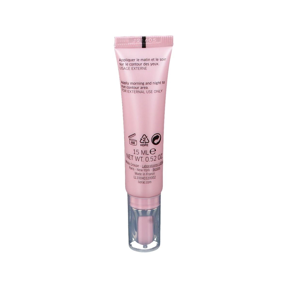 Achterkant van de roze tube. Tekst: 's Ochtends en 's avonds aanbrengen. 15 ml. USAGE EXTERNE. Gemaakt in Frankrijk.