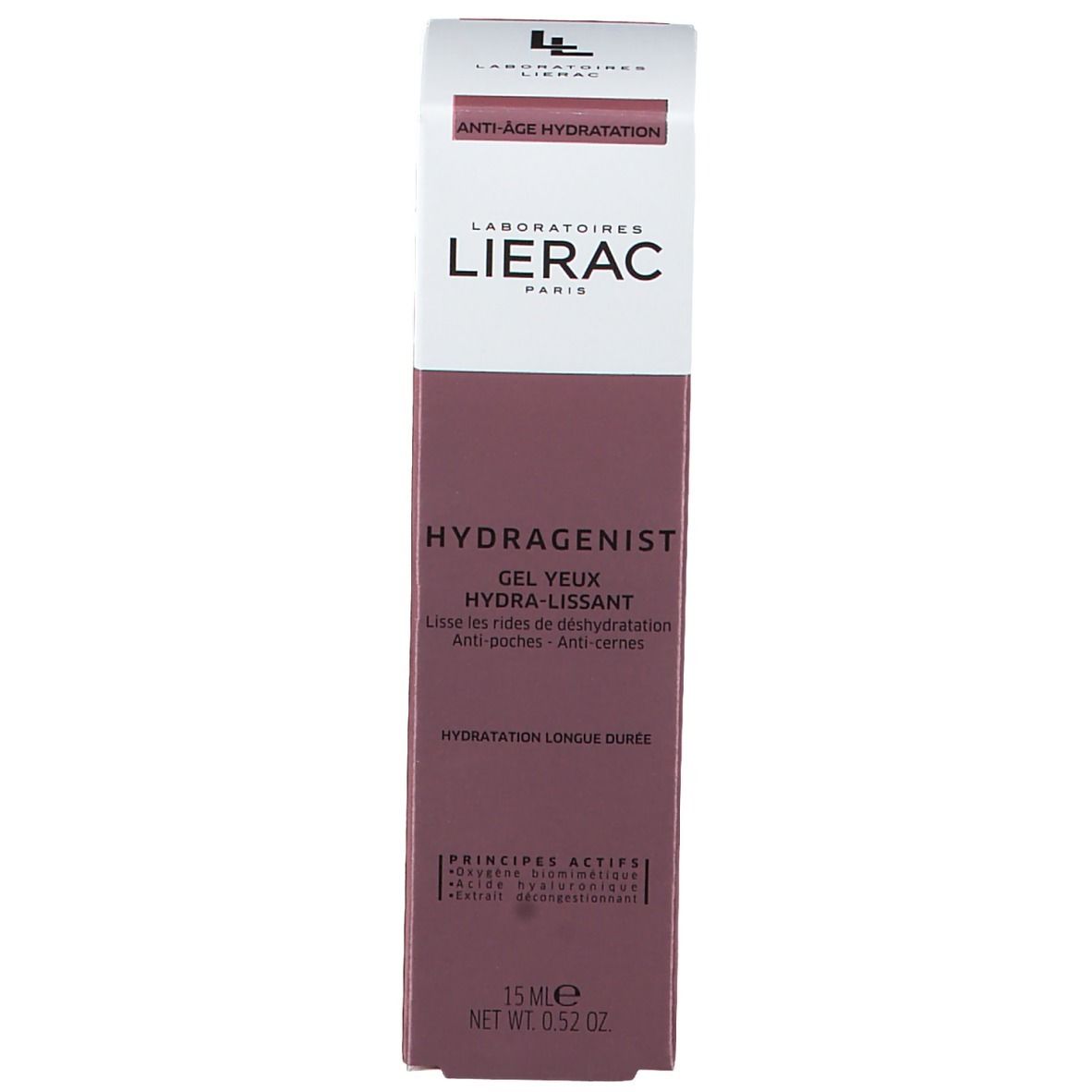Kartonnen verpakking. Opschrift: LIERAC, HYDRAGENIST, Gel Yeux Hydra-Lissant. 15 ml. Anti-Age Hydratation. Ingrediënten.