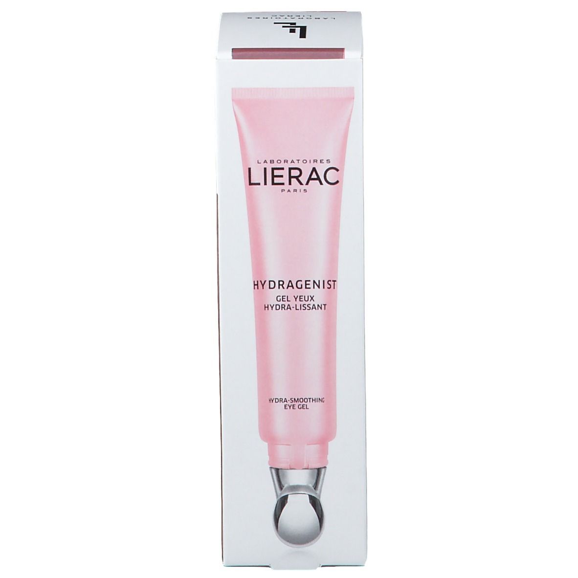 Kartonnen verpakking met roze tube. Opschrift: LIERAC, HYDRAGENIST, Gel Yeux Hydra-Lissant. Hydra-Smoothing Eye Gel.