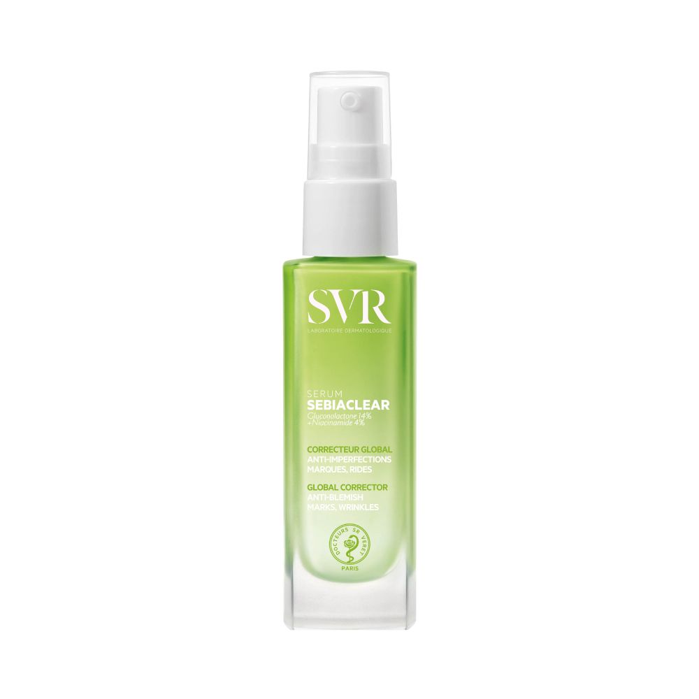 Sérum vert avec vaporisateur argenté. Inscription : SVR SEBIACLEAR Serum. Anti-imperfections, marques, rides.