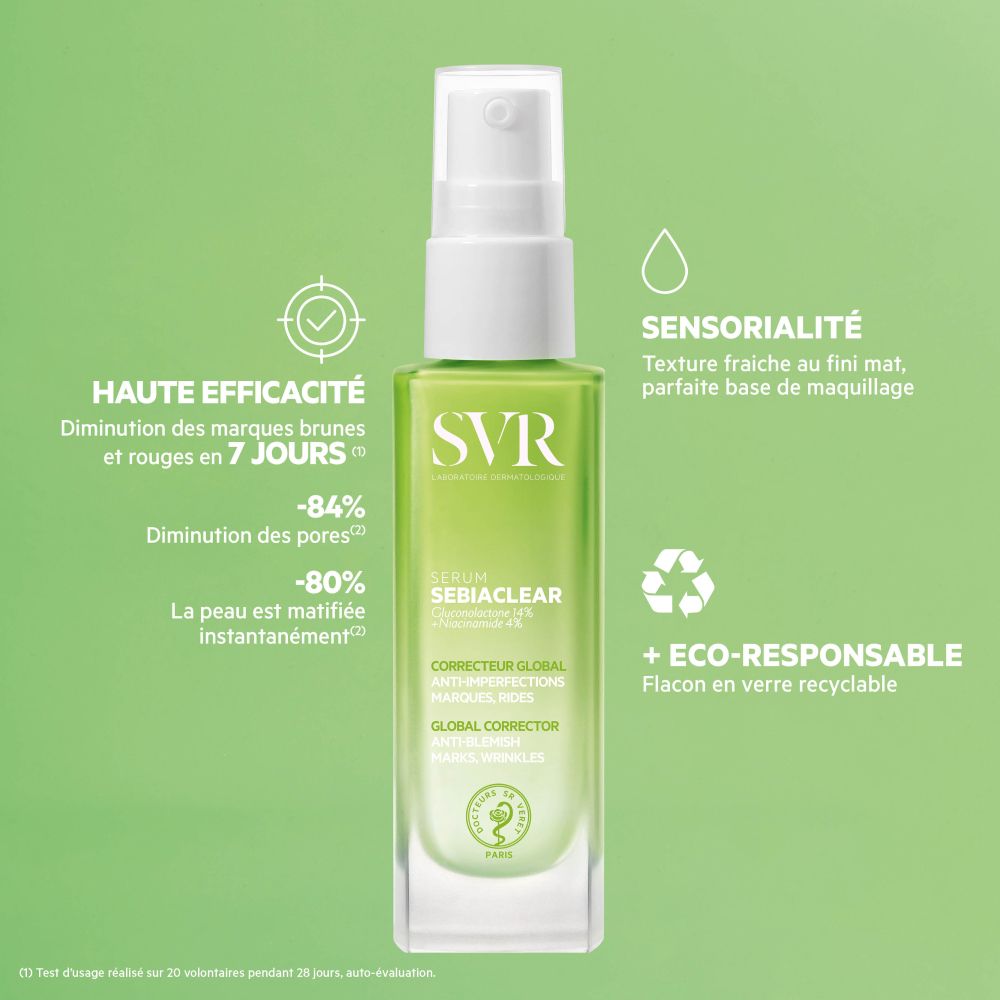 Flacon de sérum avec texte. Inscription : SVR SEBIACLEAR Serum. Anti-imperfections, marques, rides. Logo de recyclage.