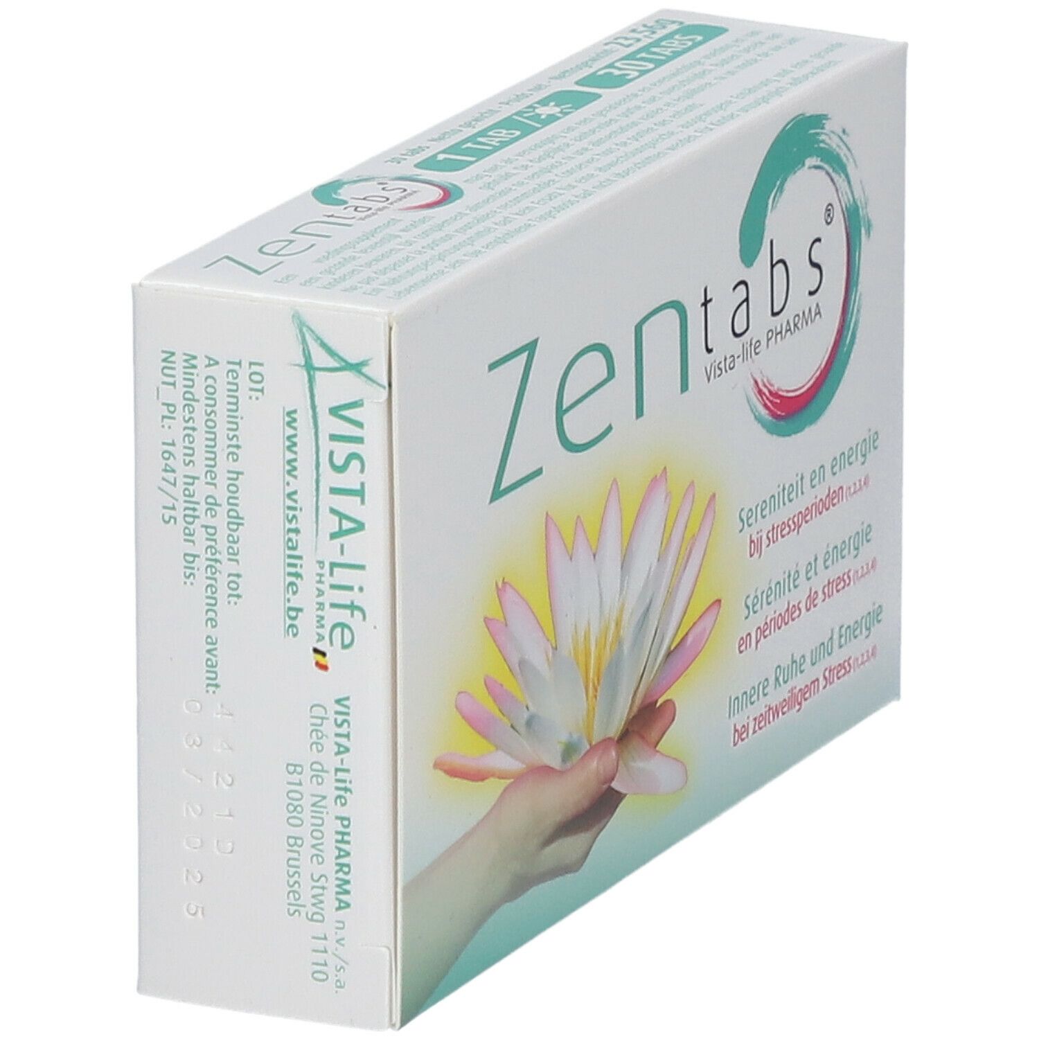 Doos "Zen tabs" met logo en lotusbloem. Tekst: Sereniteit en energie bij stressperioden. Zijkant met adres.