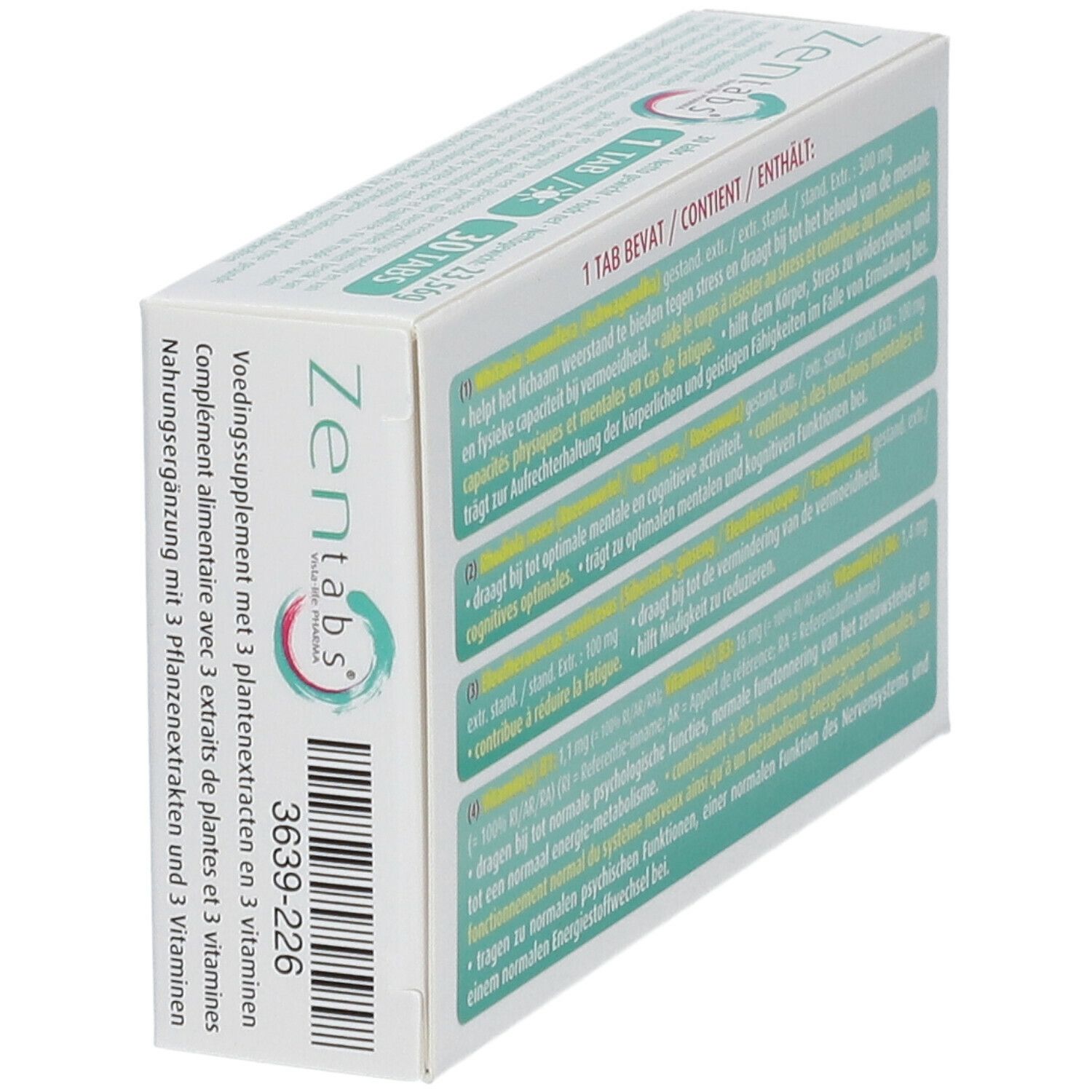 Zijkant van de doos "Zen tabs" met inhoudsinformatie en barcode. Tekst in het Duits, Frans en Nederlands.
