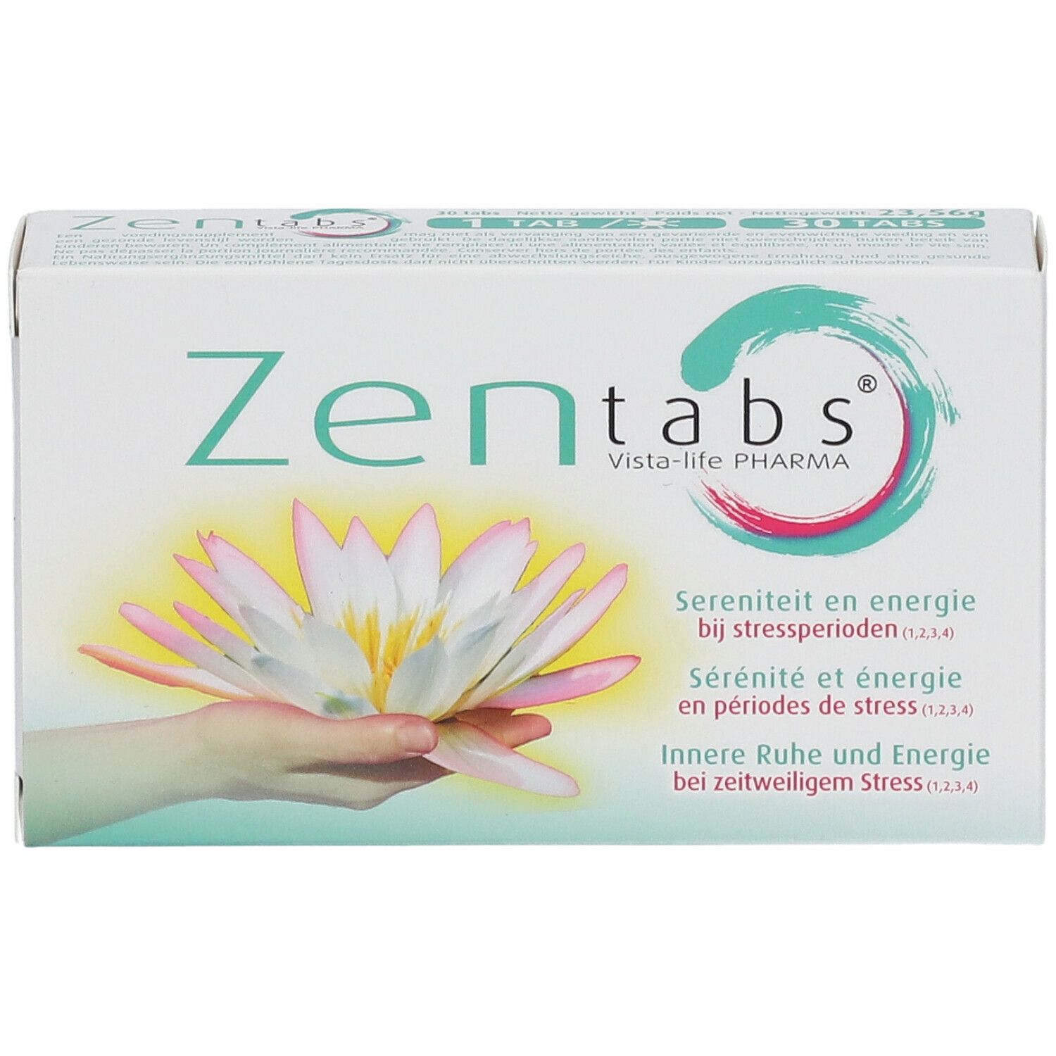 Doos "Zen tabs" met logo en lotusbloem. Tekst: Sereniteit en energie bij stressperioden.