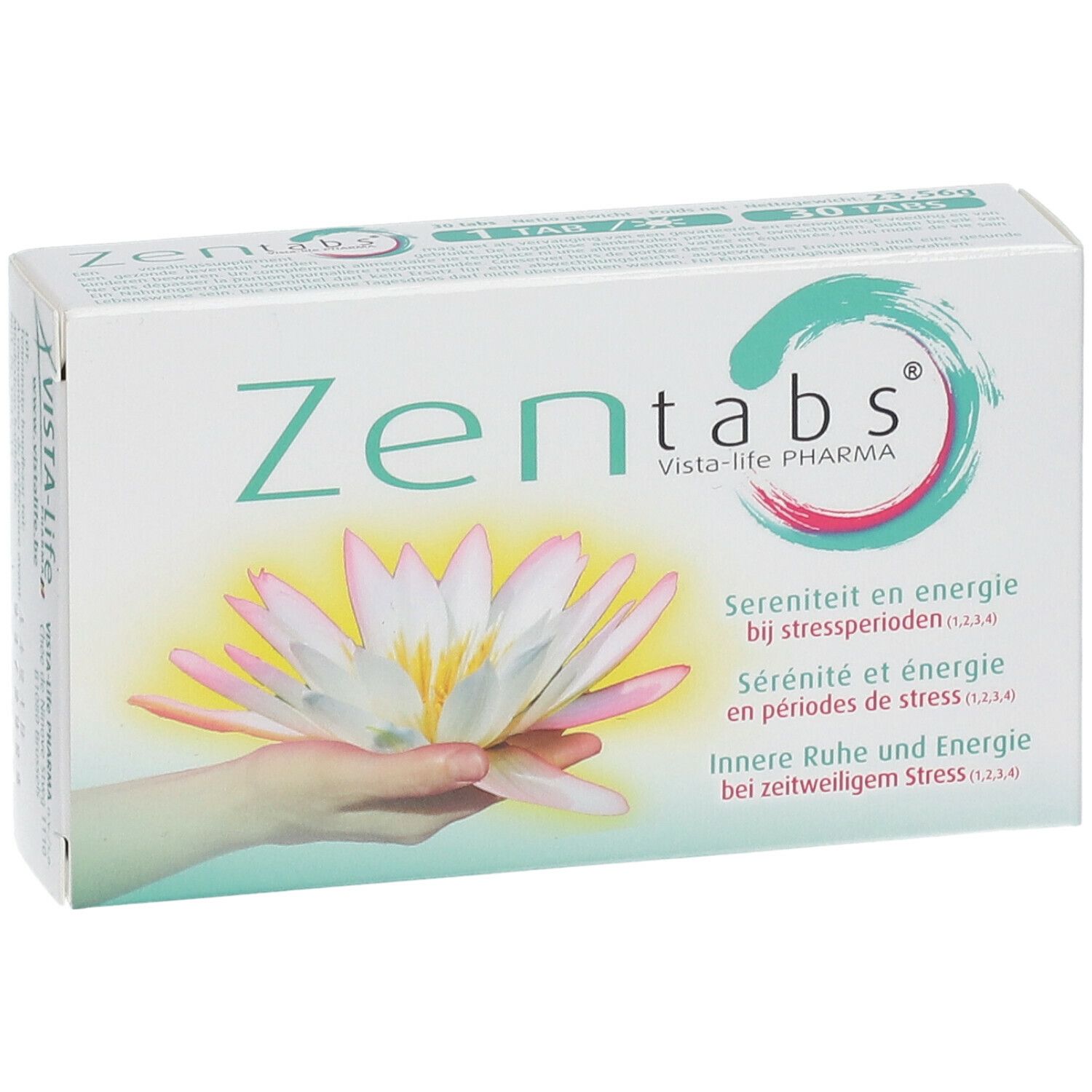 Doos "Zen tabs" met logo en lotusbloem. Tekst: Sereniteit en energie bij stressperioden.