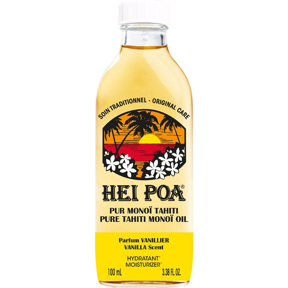 Flacon d'huile HEI POA® Vanille. Bouchon blanc, étiquette jaune. Inscription : PUR MONOÏ TAHITI, VANILLA SCENT, HYDRATANT MOISTURIZER. Logo coucher de soleil.