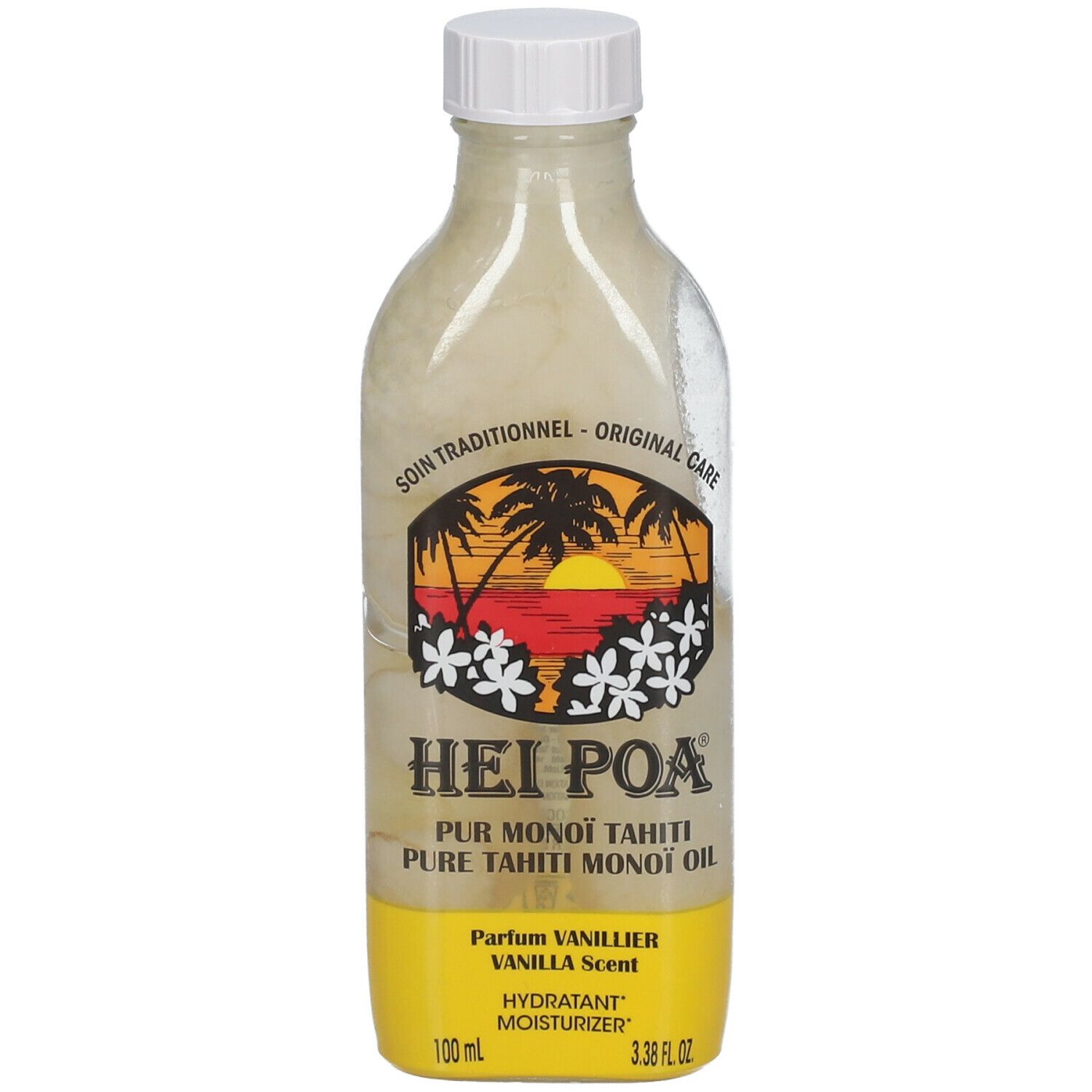 Flacon d'huile HEI POA® Vanille. Bouchon blanc, étiquette jaune. Inscription : PUR MONOÏ TAHITI, VANILLA SCENT, HYDRATANT MOISTURIZER.