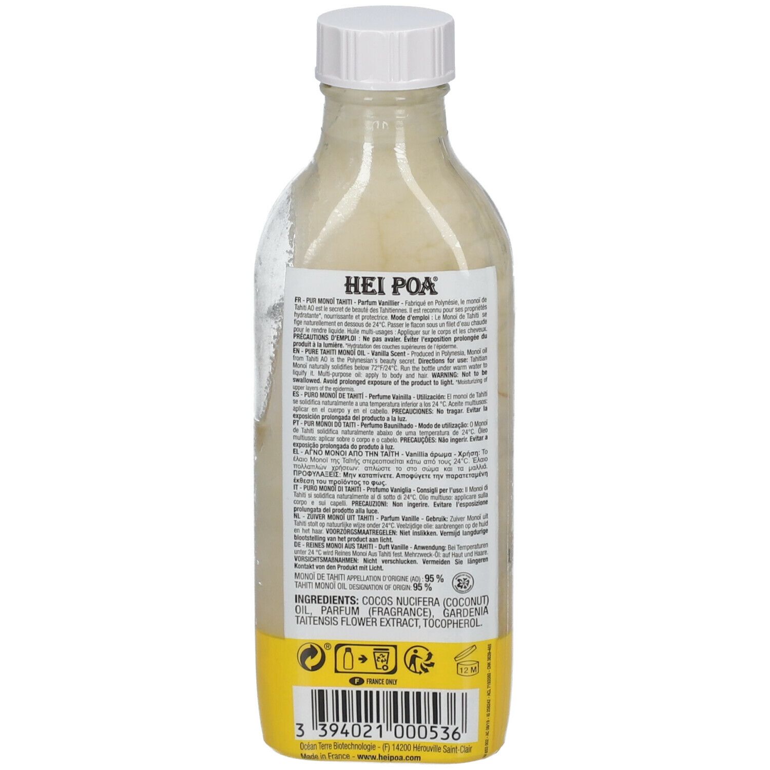 Dos du flacon d'huile HEI POA® Vanille. Texte multilingue. Étiquette jaune avec code-barres et ingrédients : COCOS NUCIFERA, GARDENIA TAHITENSIS.
