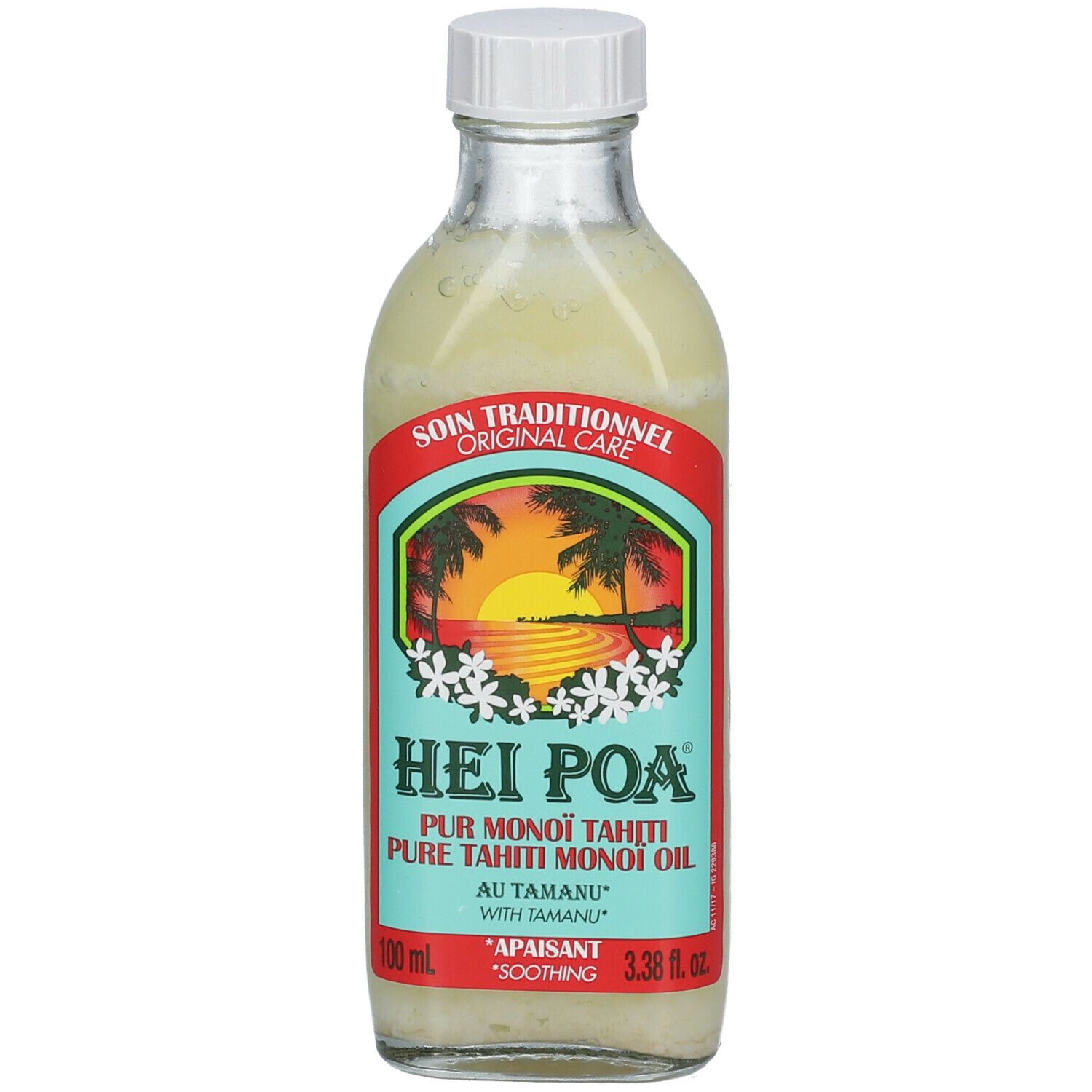 Glasflasche mit Etikett. Aufschrift: HEI POA, PUR MONOI TAHITI, AU TAMANU. Inhalt: 100 ml.