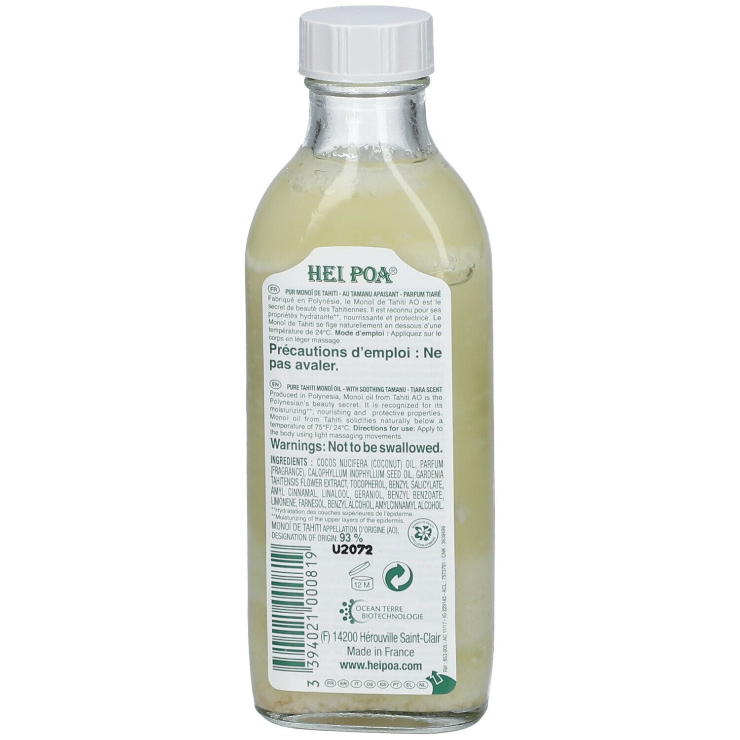Rückseite einer Glasflasche mit Etikett. Textinformationen und Inhaltsstoffe. Marke: HEI POA.