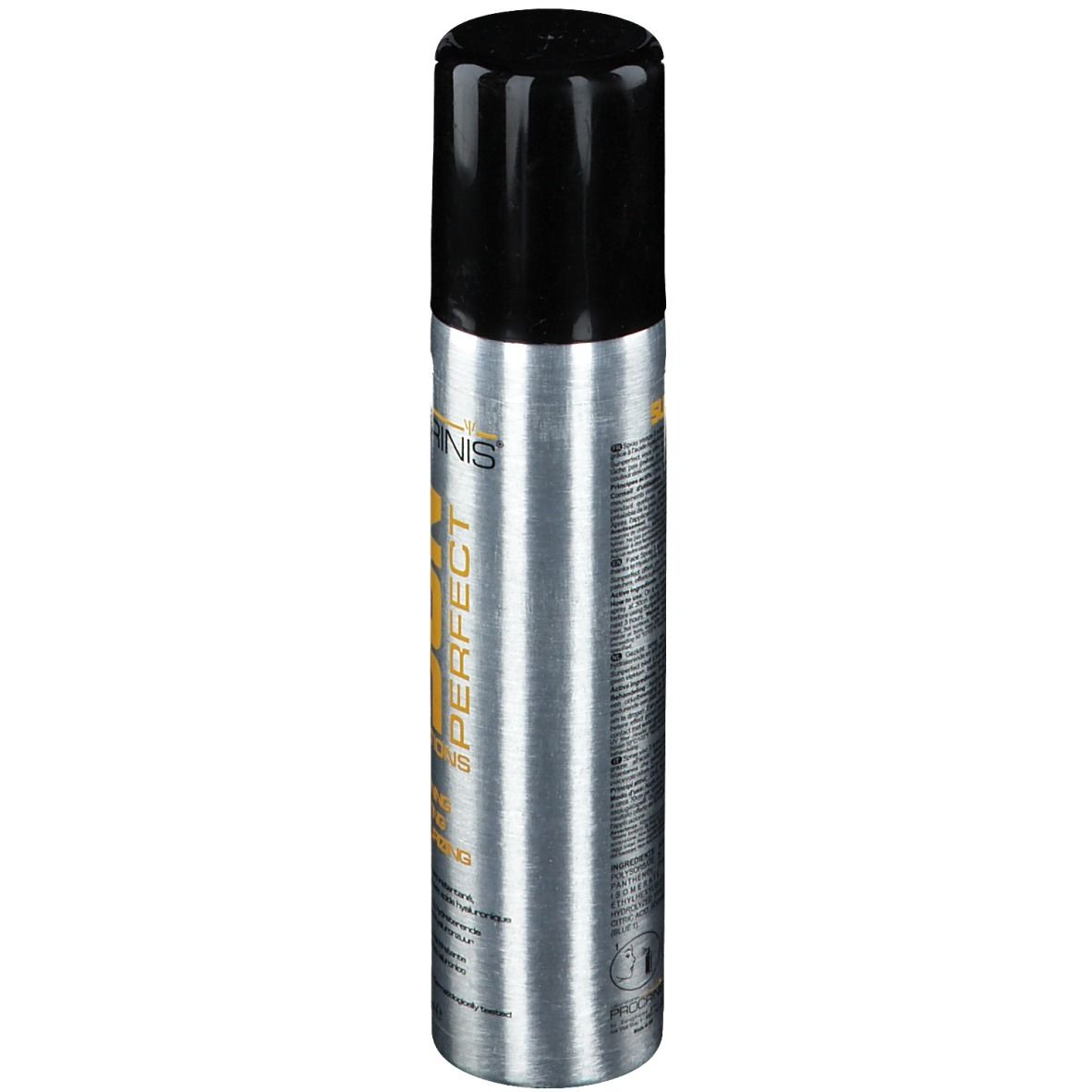 Flacon spray argenté avec bouchon noir. Inscription SUN PERFECT. Contient 3 actions : bronzage, lifting, hydratation. Texte au dos.