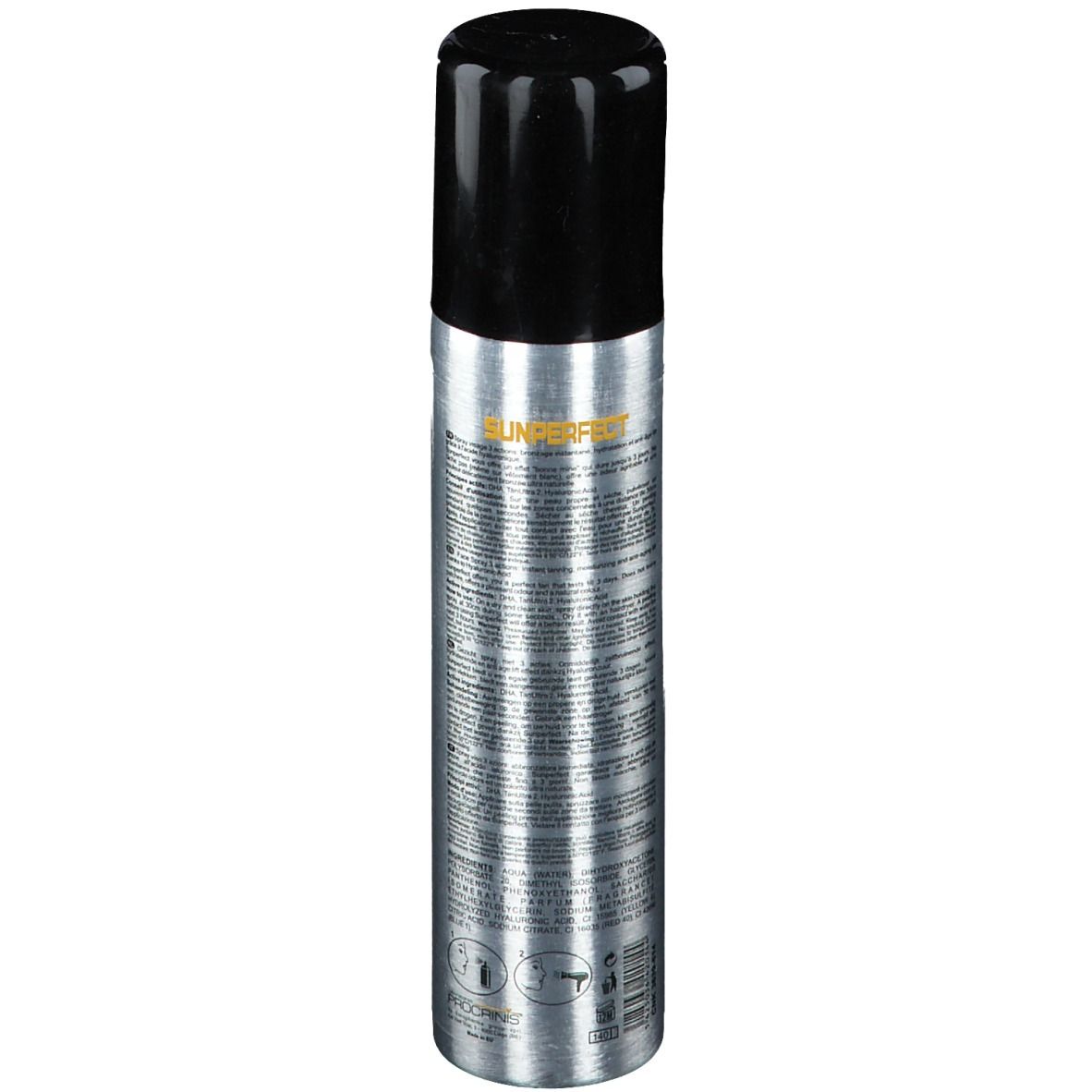 Flacon spray argenté avec bouchon noir. Dos avec texte. Contient des informations et des symboles. Nom du produit : SUN PERFECT.