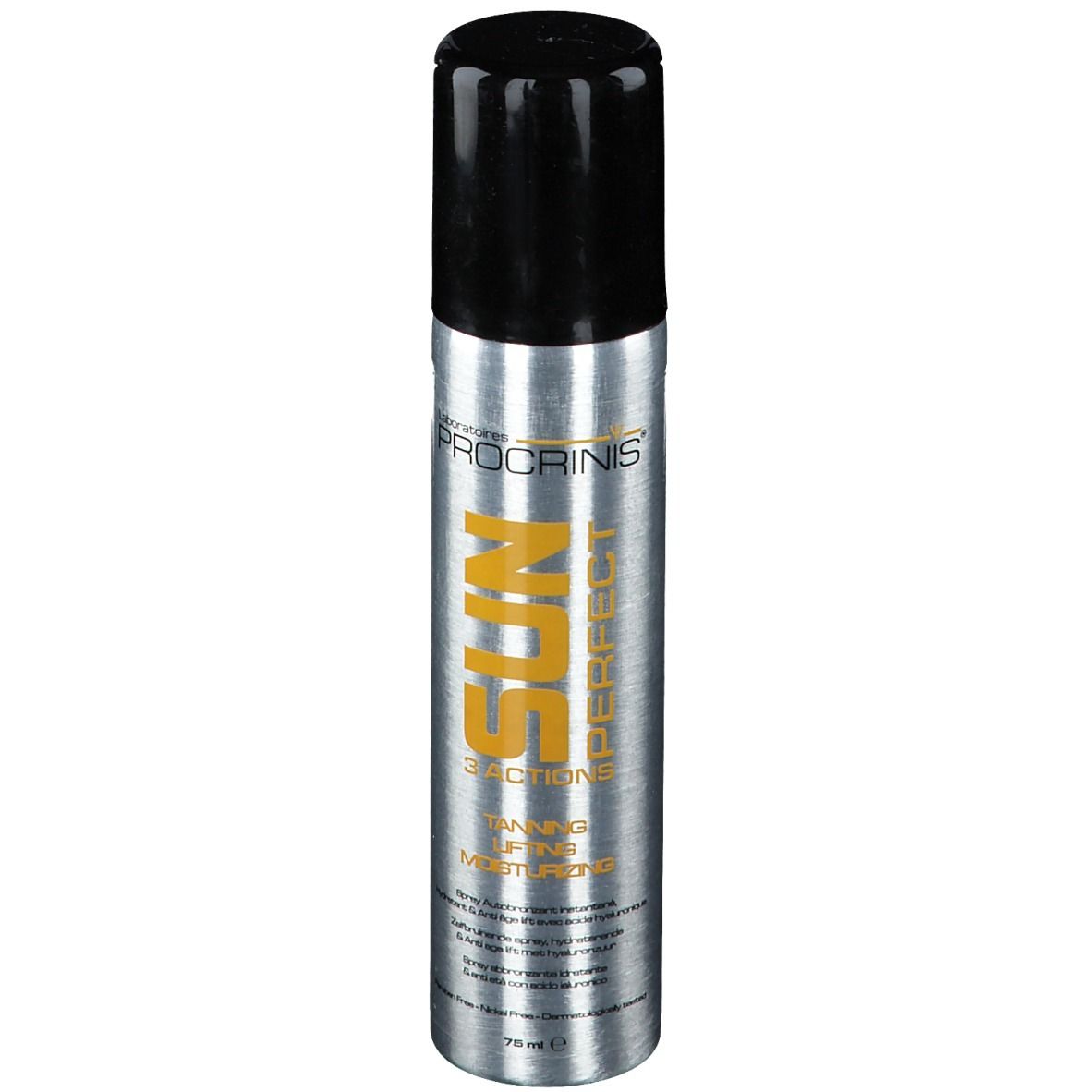 Flacon spray argenté avec bouchon noir. Inscription jaune SUN PERFECT. Contient 3 actions : bronzage, lifting, hydratation.