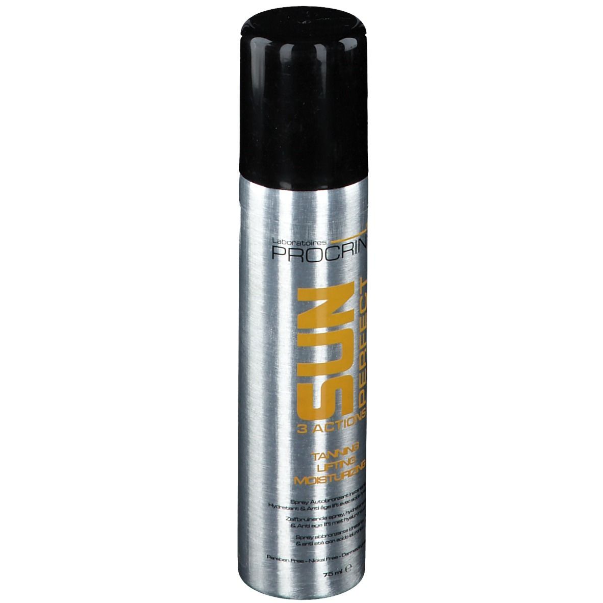 Flacon spray argenté avec bouchon noir. Inscription jaune SUN PERFECT. Contient 3 actions : bronzage, lifting, hydratation.
