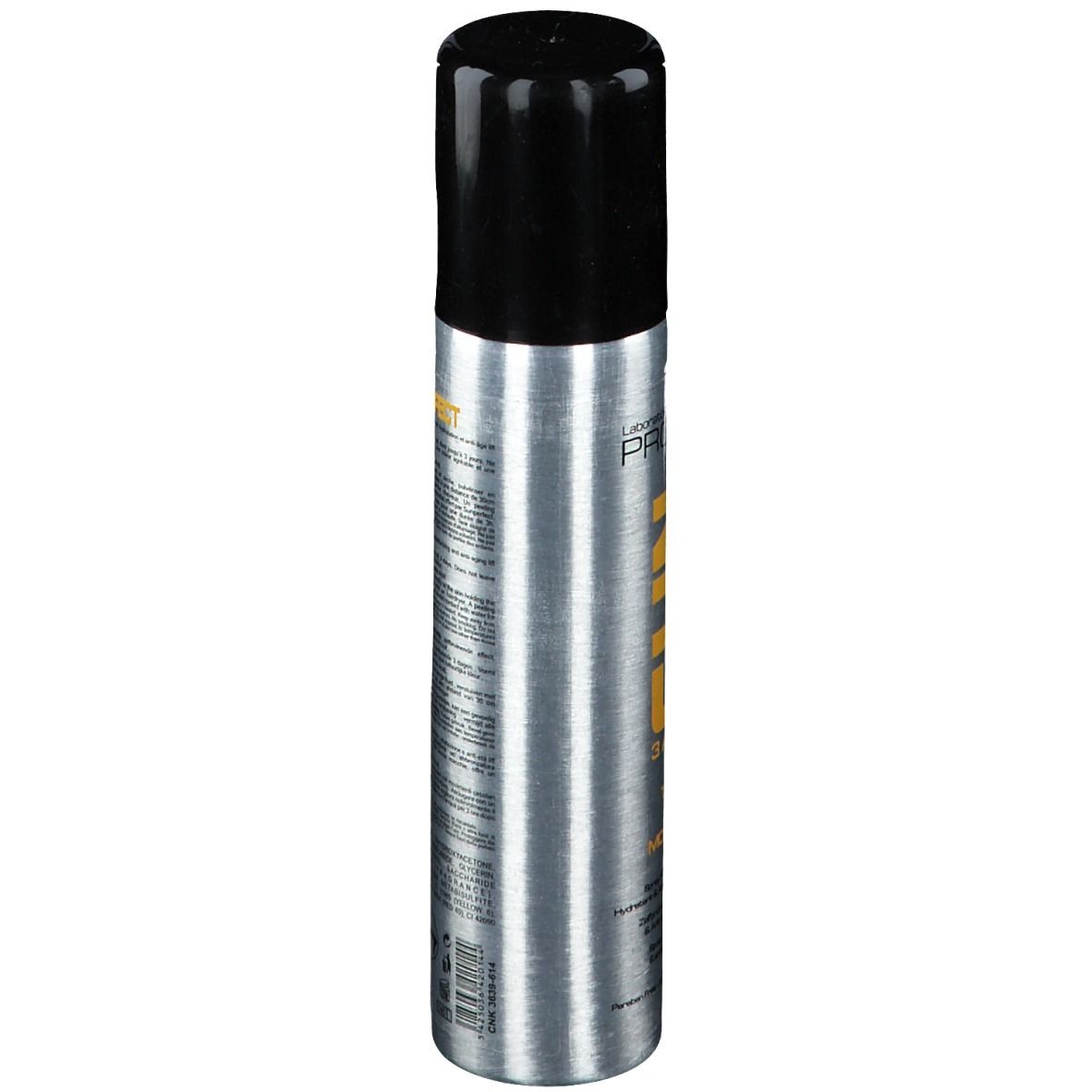 Flacon spray argenté avec bouchon noir. Inscription SUN PERFECT. Contient 3 actions : bronzage, lifting, hydratation.