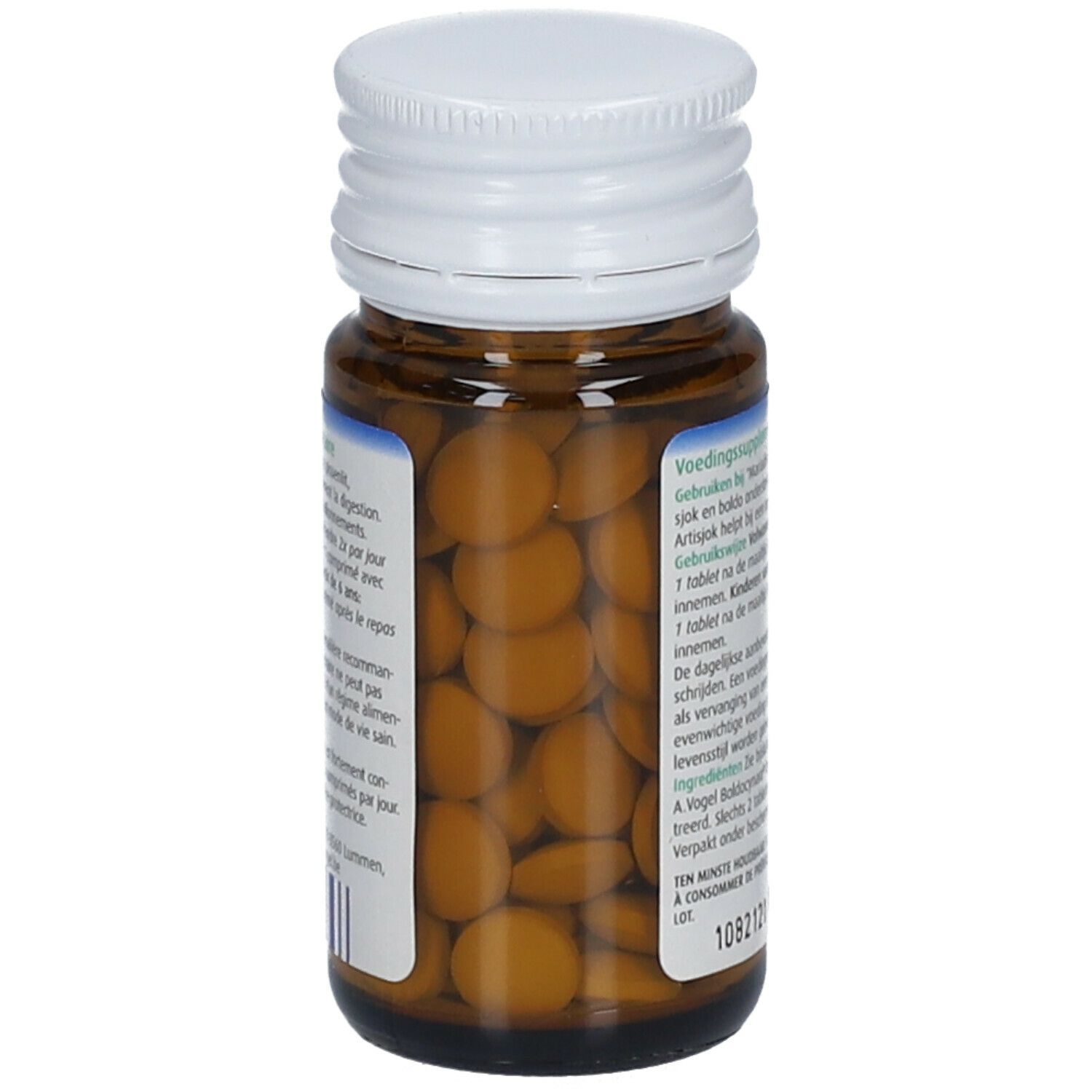 Bruine glazen fles met witte tabletten. De inhoud is zichtbaar. De dop is wit.