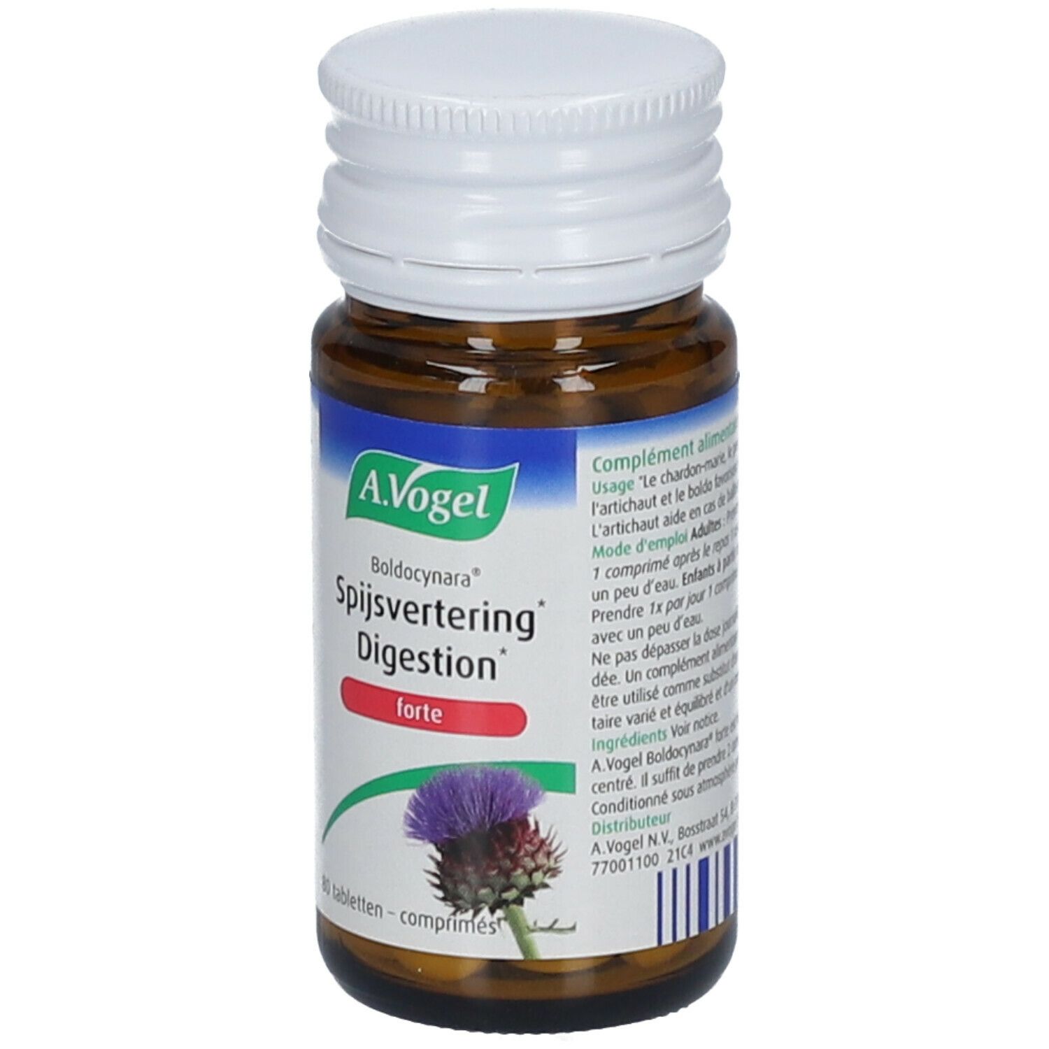 Bruine glazen fles met witte dop. Etiket met A. Vogel, Boldocynara, Spijsvertering Digestion forte, distel-illustratie.