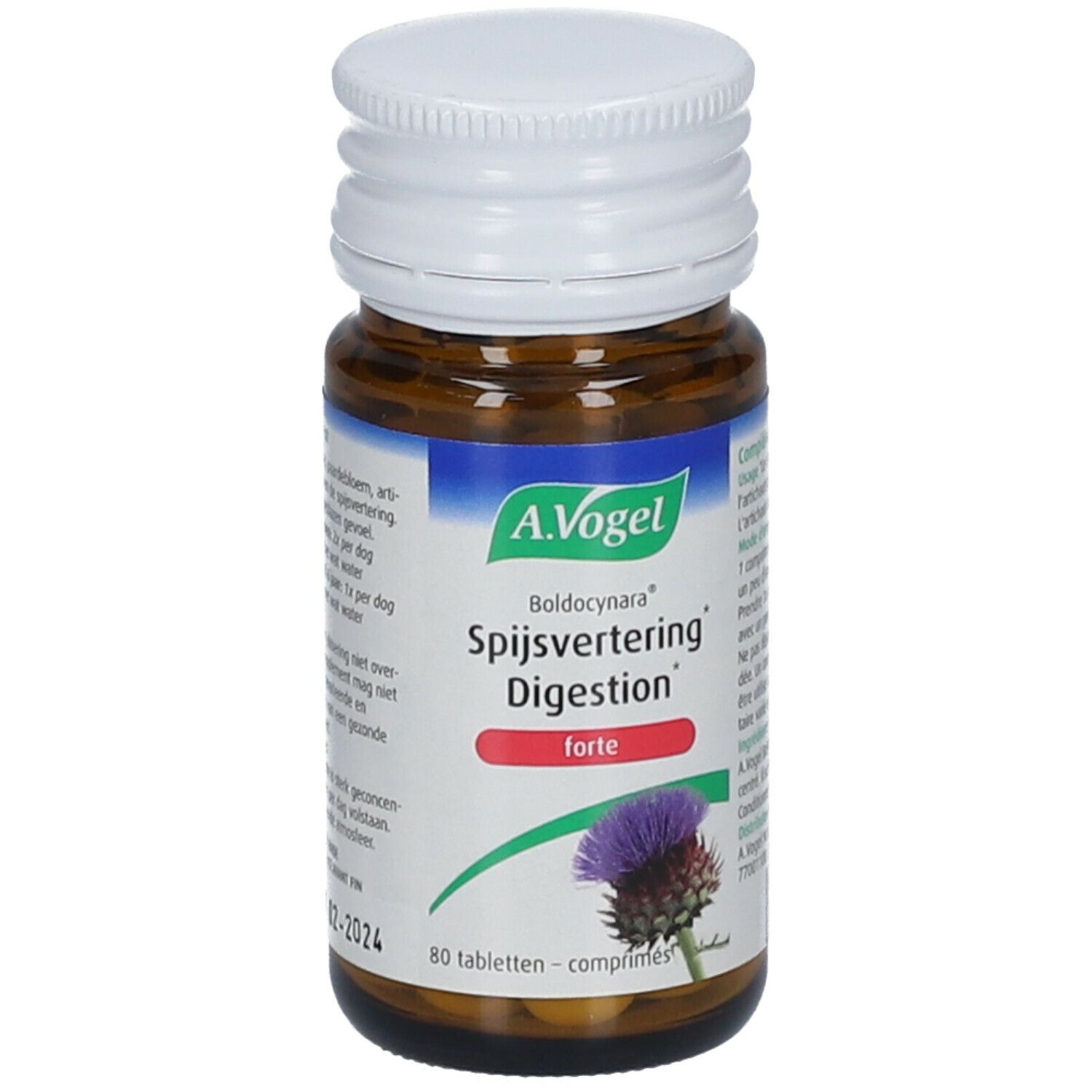 Bruine glazen fles met witte dop. Etiket met A. Vogel, Boldocynara, Spijsvertering Digestion forte, distel-illustratie.