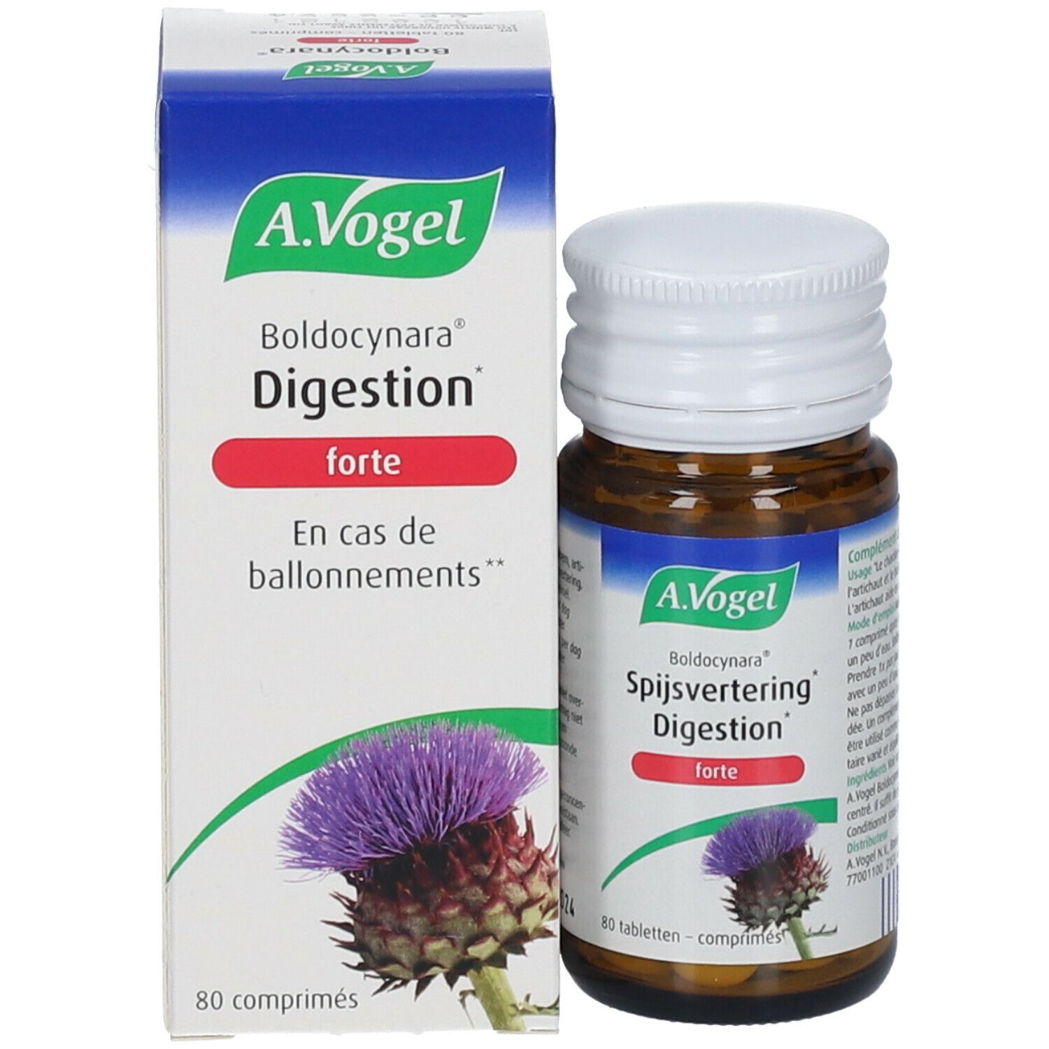 Productverpakking en fles. Verpakking met A. Vogel, Boldocynara, Digestion forte. Fles met etiket.
