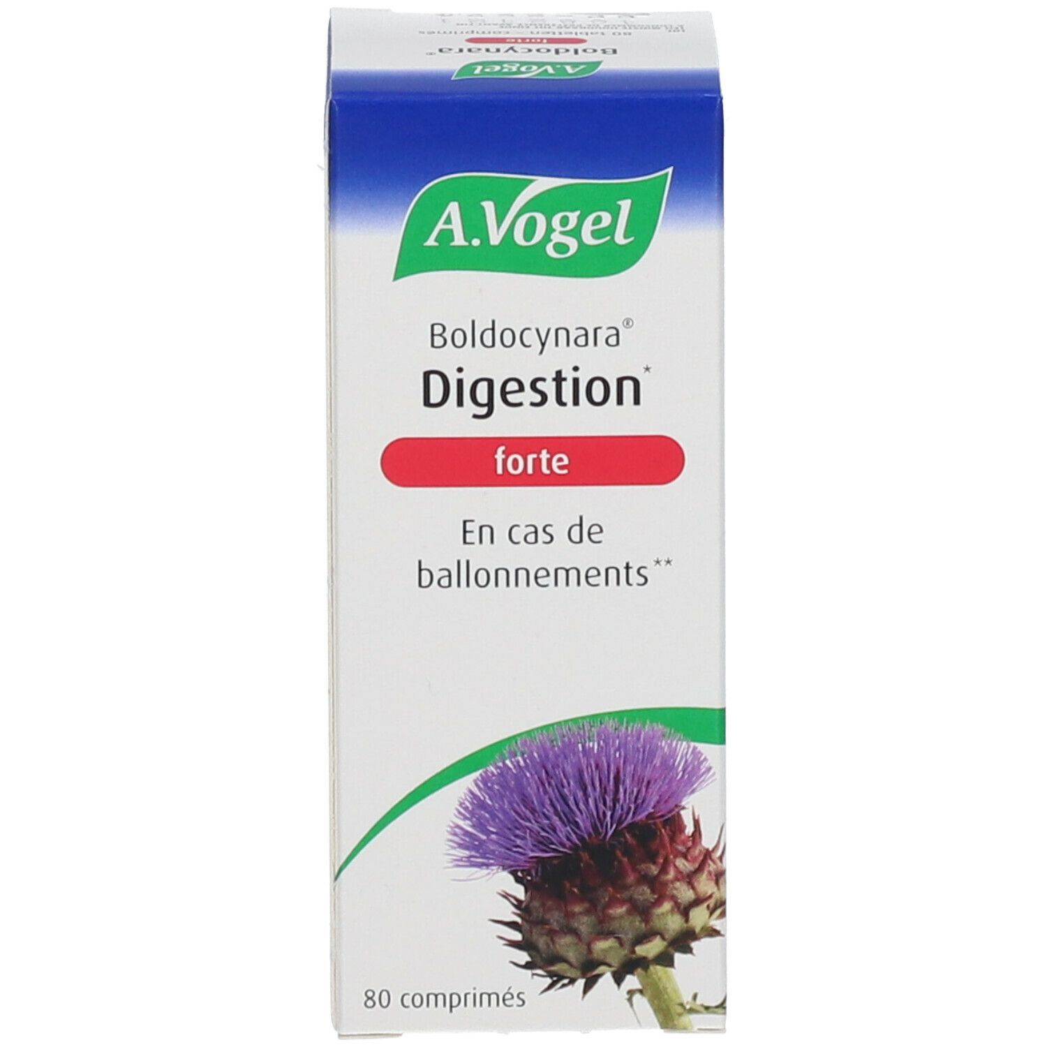 Productverpakking. Witte doos met A. Vogel, Boldocynara, Digestion forte. Distel-illustratie en tekst.