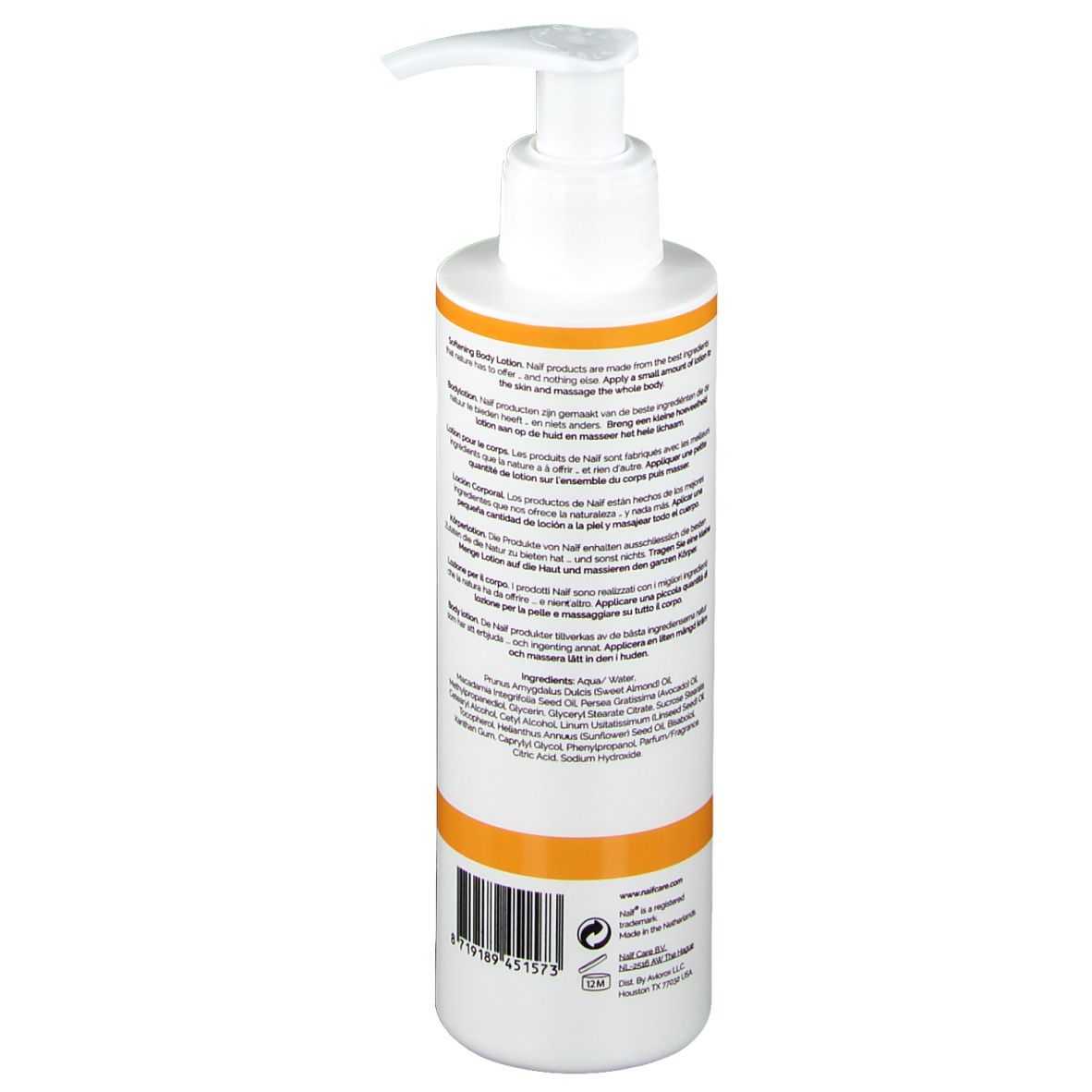 Achterkant van witte fles met pomp. Tekst in meerdere talen. Oranje streep. Ingrediënten en informatie.