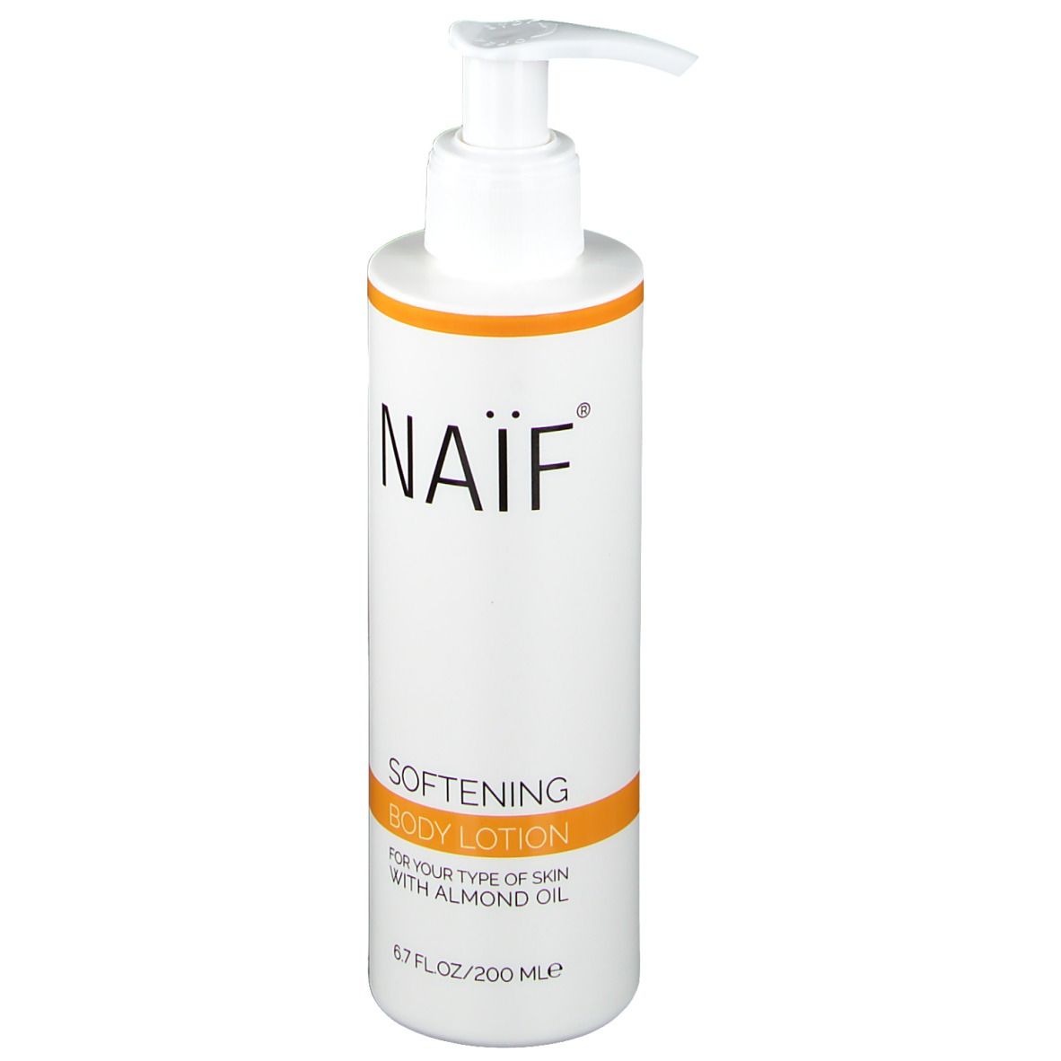 Witte fles met pomp. Opschrift: NAÏF, Softening Body Lotion. Oranje accenten. 6.7 FL.OZ/200 MLE.