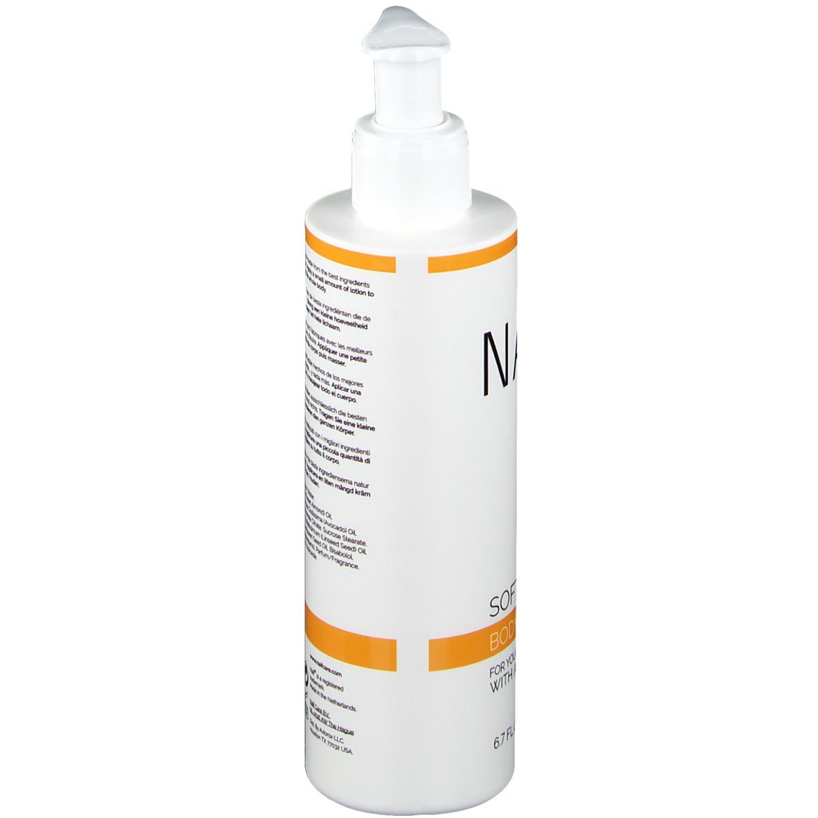 Witte fles met pomp. Opschrift: NAÏF, Softening Body Lotion. Oranje accenten. 6.7 FL.OZ/200 MLE.