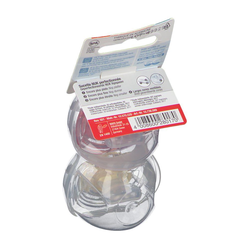 Dos de l'emballage avec informations produit. Deux sucettes en plastique. Logo NUK et désignations du produit.