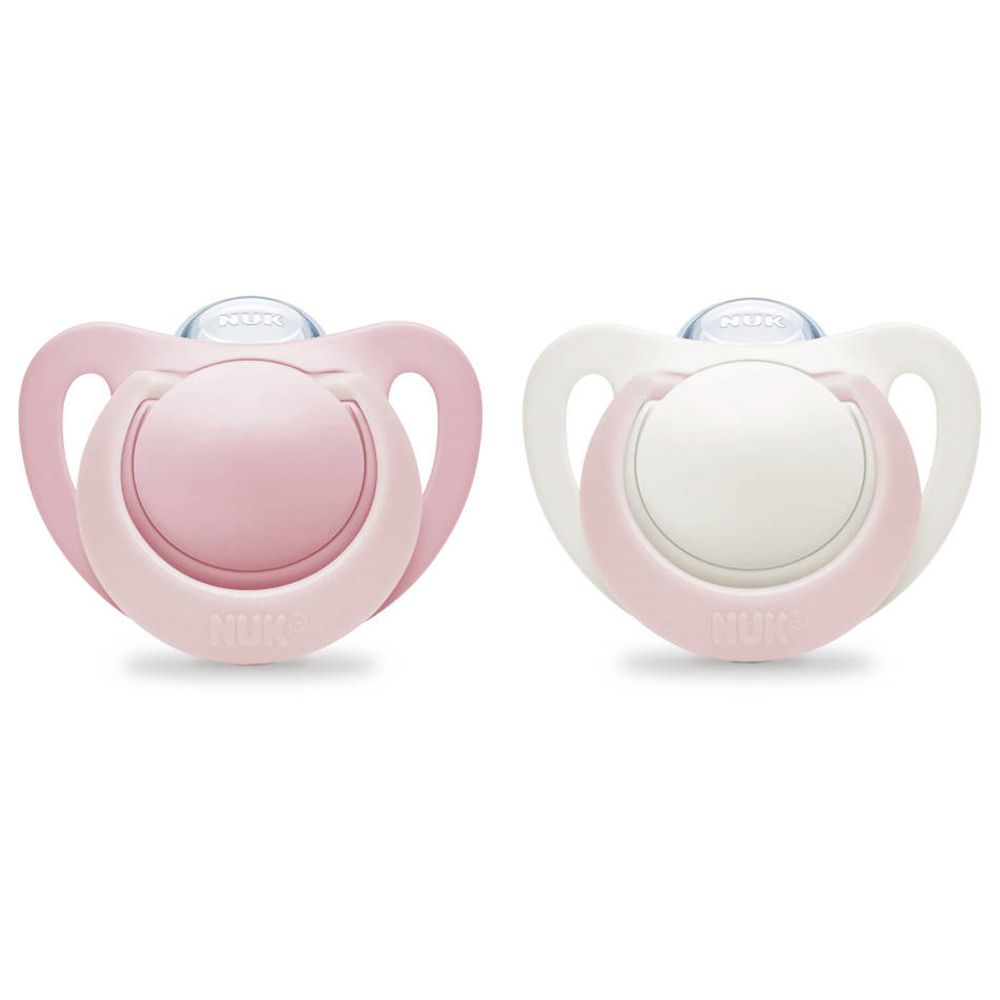 Deux sucettes roses et blanches. Logo NUK. Taille 0-2 mois.