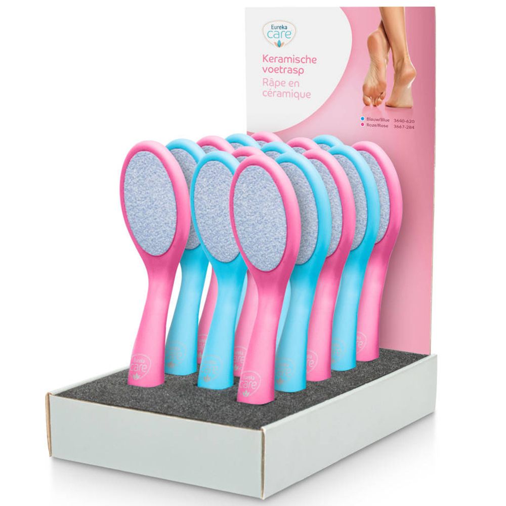 Display met voetraspen. Blauwe en roze handvatten, grijze schuurvlak. Eureka Care logo. Râpe en céramique.