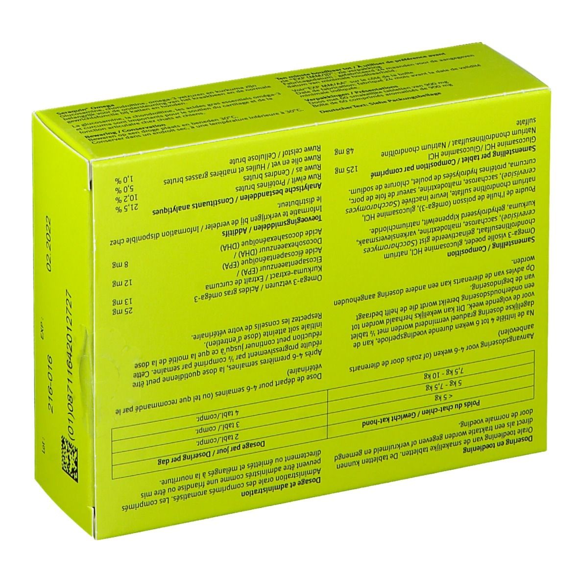 Dos de la boîte verte Seraquin Omega. Informations sur les ingrédients et le dosage.