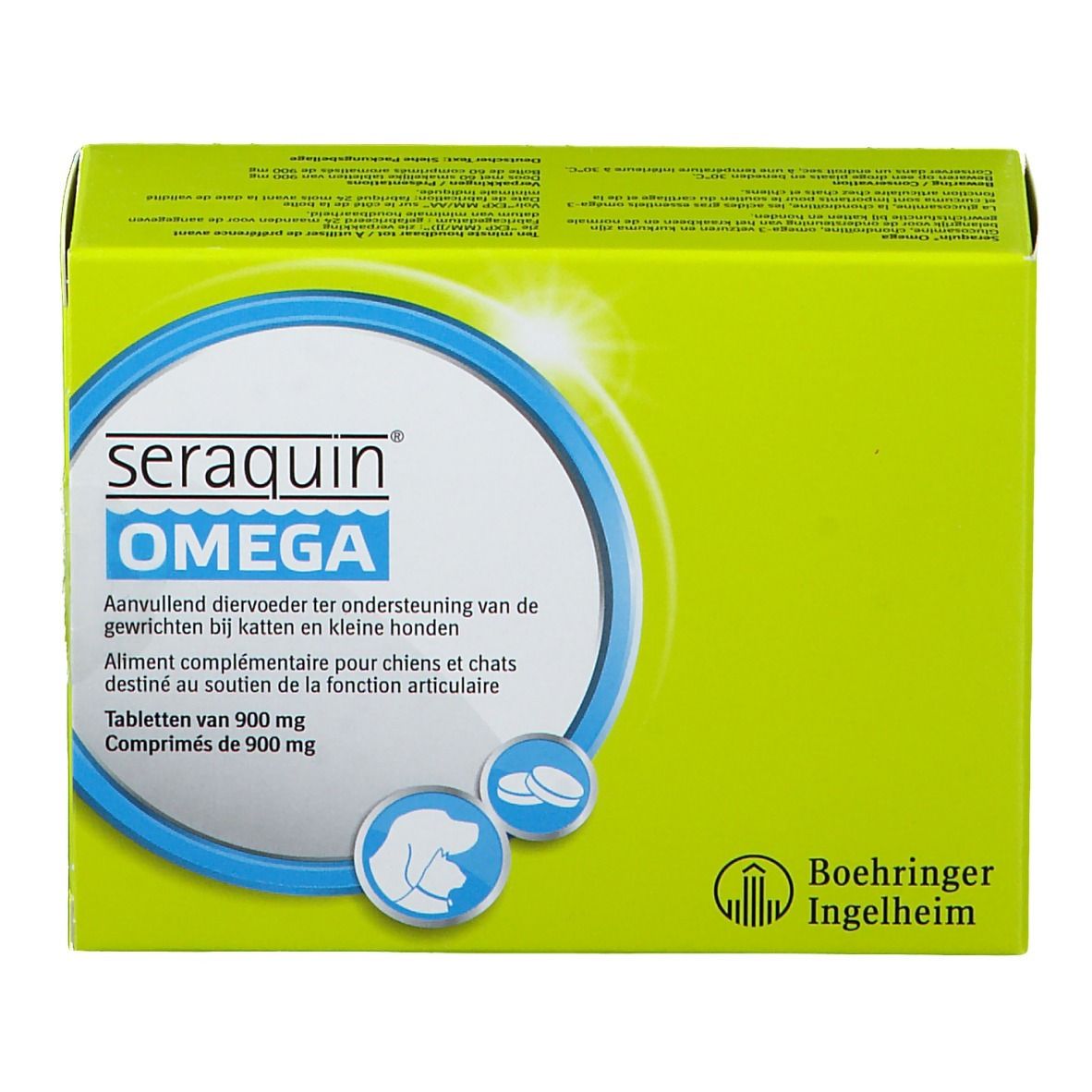 Boîte verte Seraquin Omega. Comprimés pour articulations de chats et chiens. 900 mg.