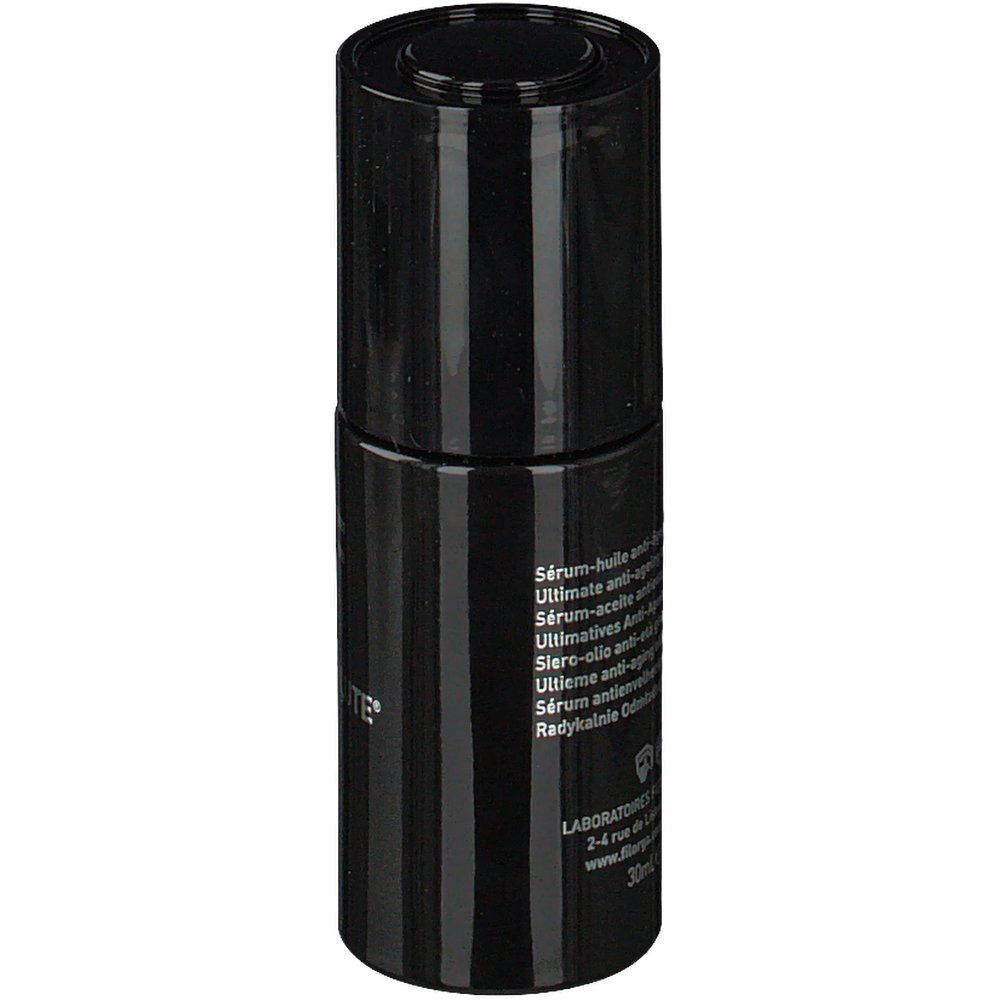 Flacon noir avec texte. Inscription : Sérum-huile anti-âge ultime. Laboratoires Filorga. 30ml.