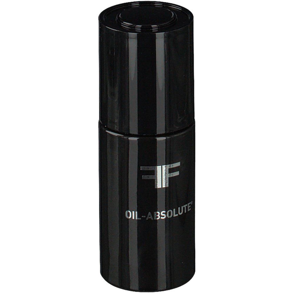 Flacon noir avec logo argenté et texte. Inscription : OIL-ABSOLUTE.