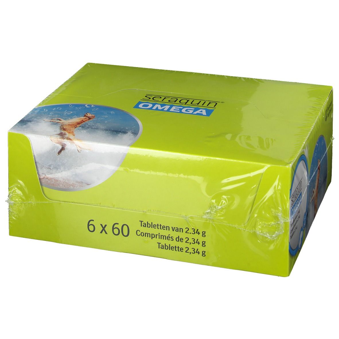 Boîte verte Seraquin Omega. 6x60 comprimés. Film plastique transparent. Chien sur l'emballage.