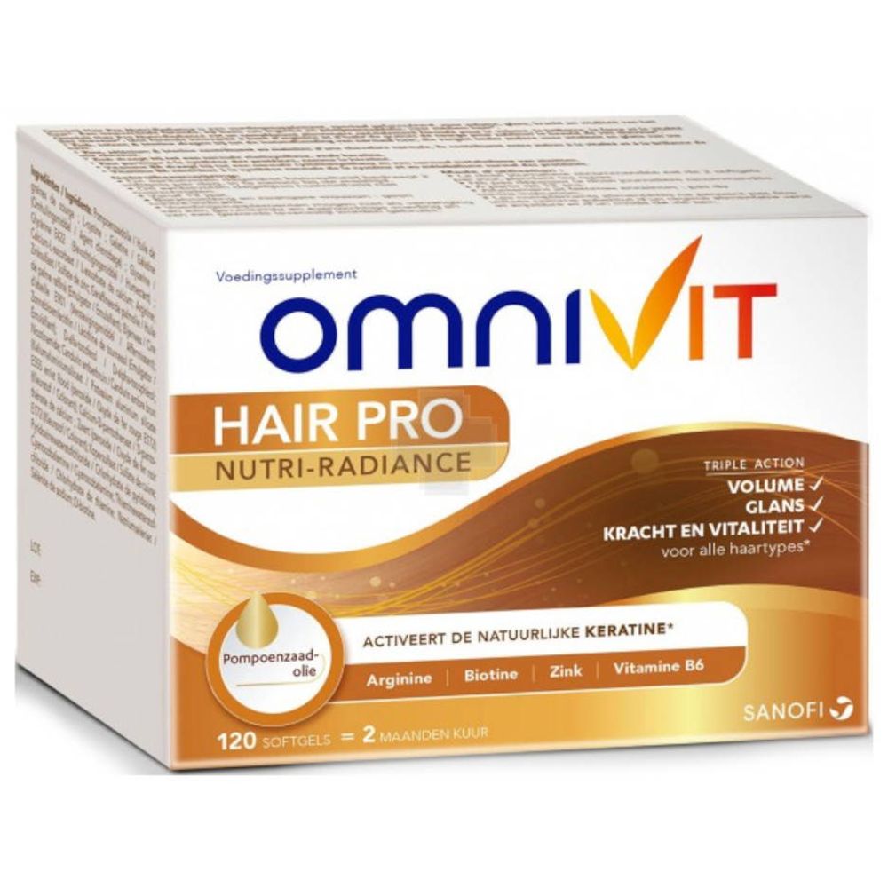 Boîte Omnivit Hair Pro Nutri-Radiance. Contient 120 gélules. Contient arginine, biotine, zinc et vitamine B6. Logo Sanofi.