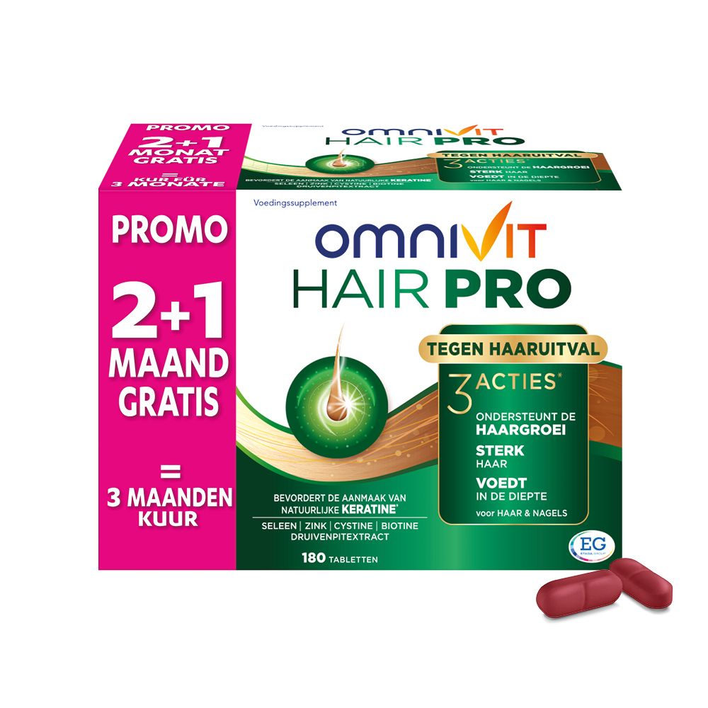 Omnivit Hair Pro verpakking. Bevat 180 tabletten. Met 'Promo 2+1 maanden gratis'.