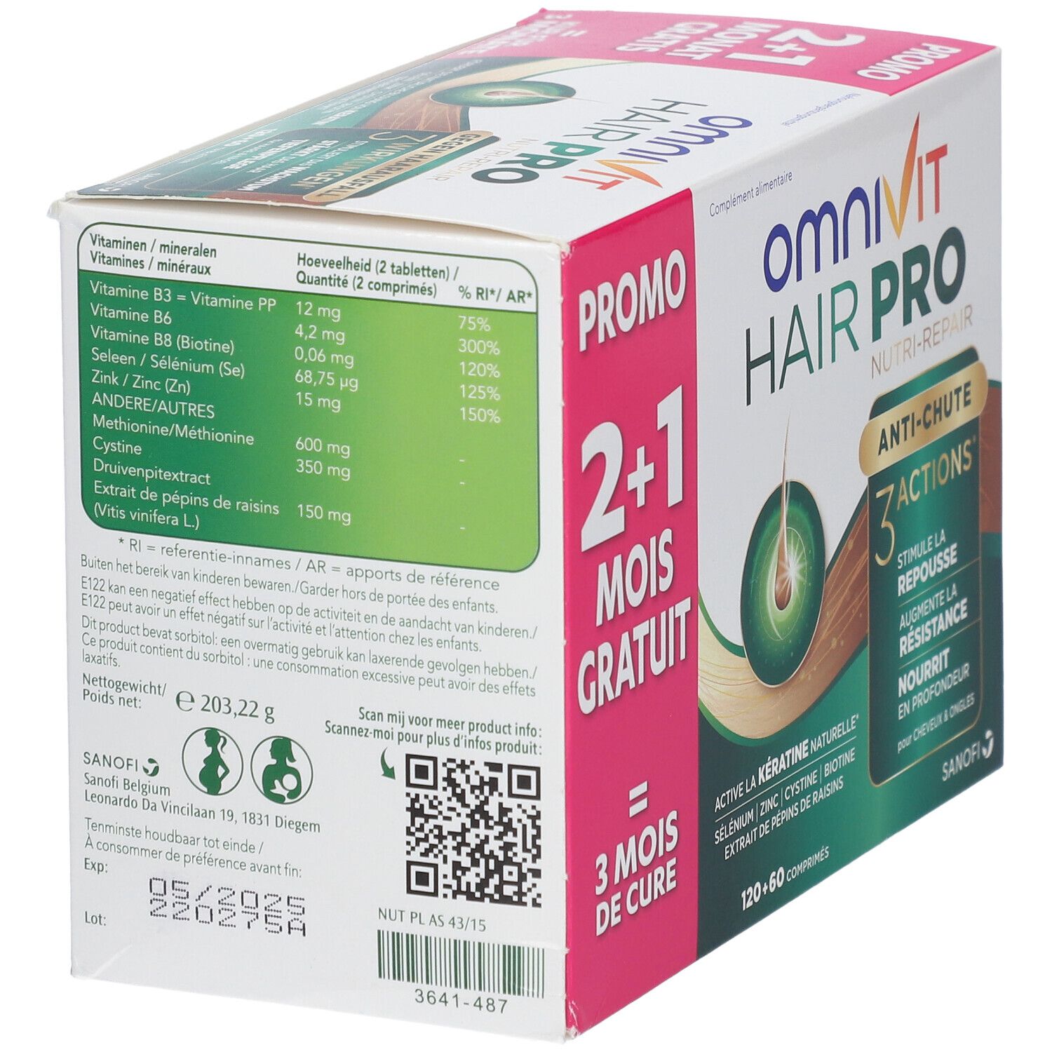Dos de la boîte Omnivit Hair Pro. Contient informations nutritionnelles et ingrédients.
