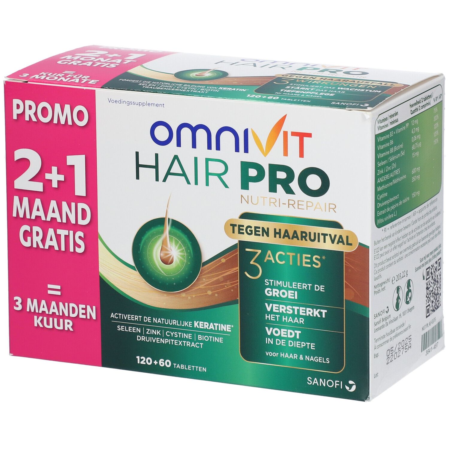 Boîte Omnivit Hair Pro. Contient 120+60 comprimés. Inscription 'Promo 2+1 mois gratuits'.