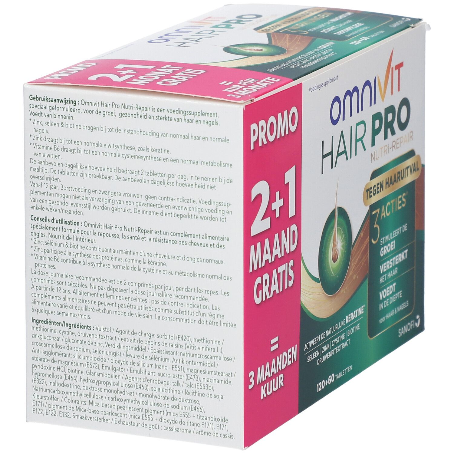 Dos de la boîte Omnivit Hair Pro. Contient mode d'emploi et ingrédients.