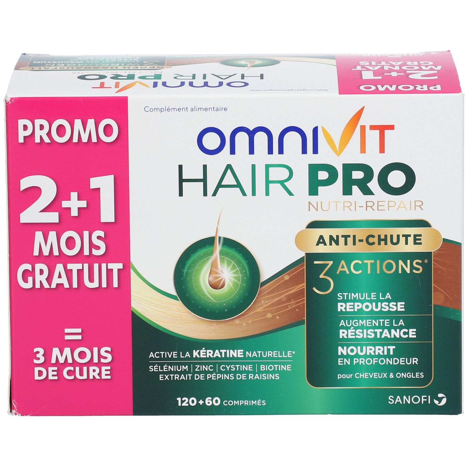 Boîte Omnivit Hair Pro. Contient 120+60 comprimés. Inscription 'Promo 2+1 mois gratuits'.