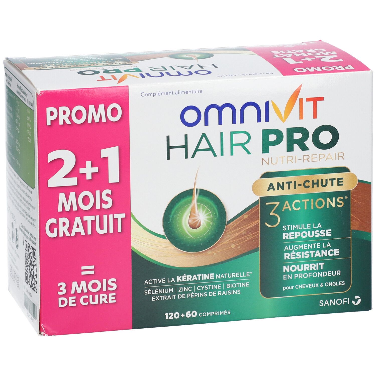 Boîte Omnivit Hair Pro. Contient 120+60 comprimés. Inscription 'Promo 2+1 mois gratuits'.