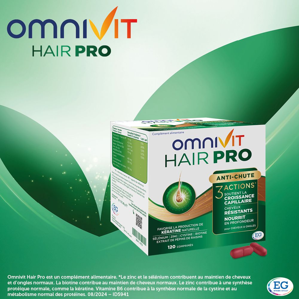 Boîte Omnivit Hair Pro sur fond vert. Avec texte et logo.