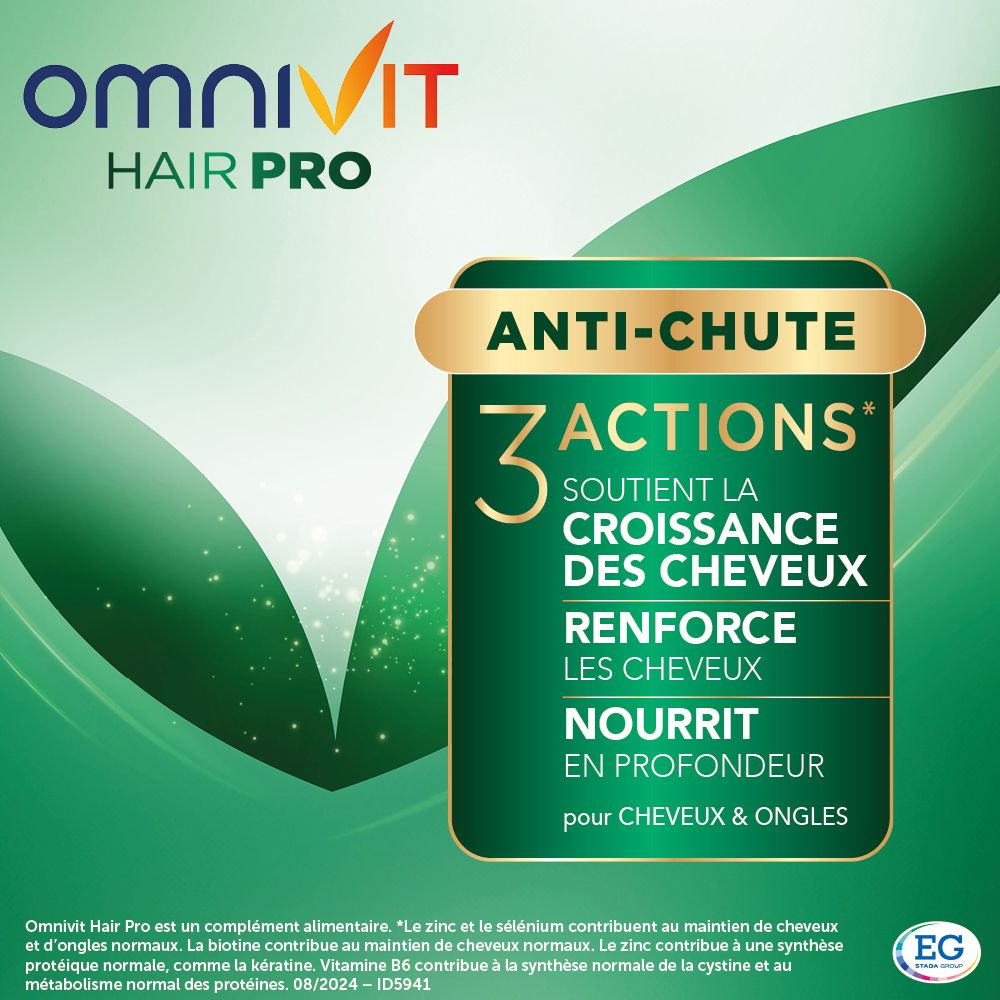 Gros plan du texte sur la boîte Omnivit Hair Pro. 'Anti-chute'.