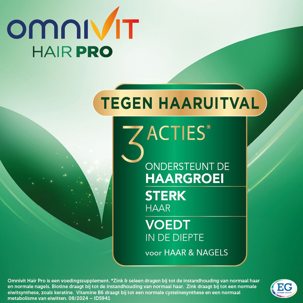 Close-up van de tekst op de Omnivit Hair Pro verpakking. 'Tegen haaruitval'.